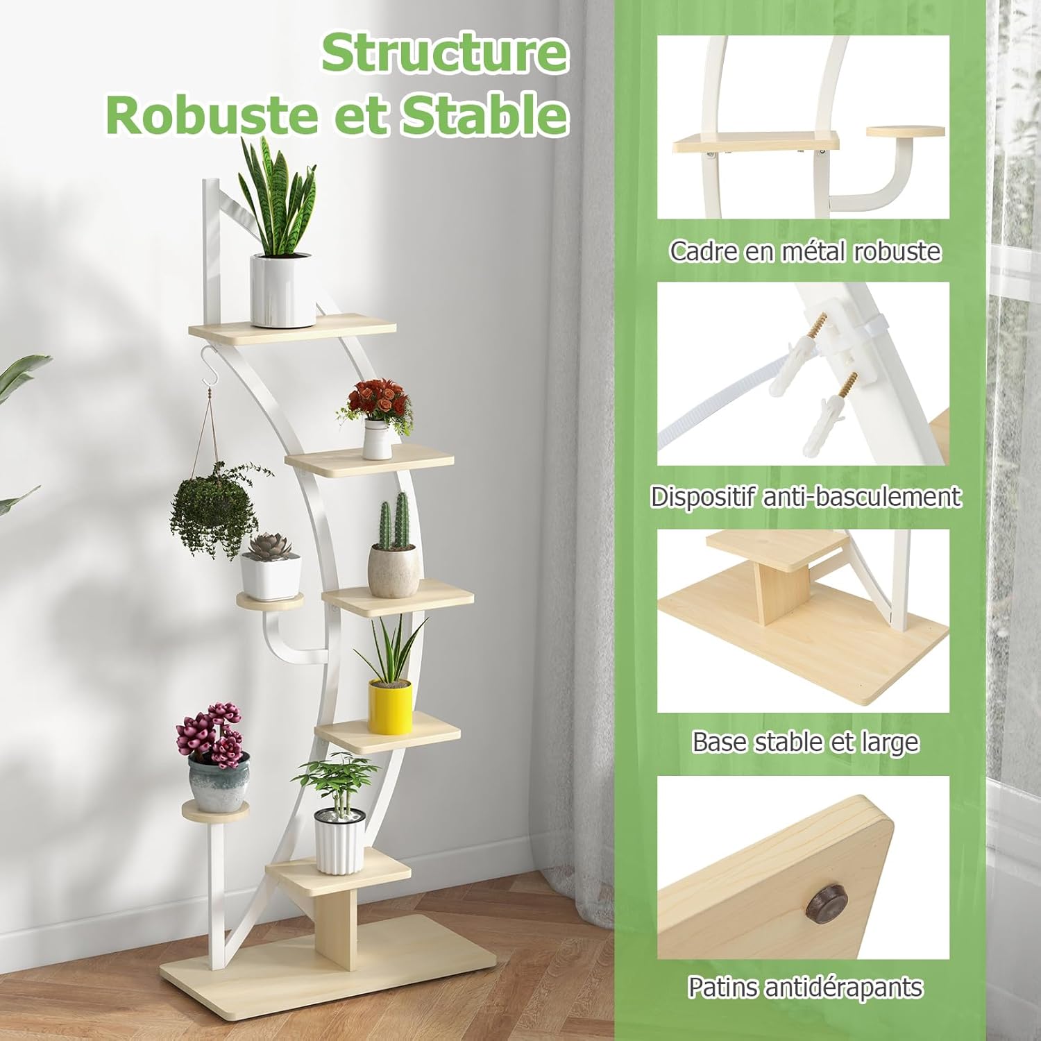 Support pour Plantes en Métal 7 Niveaux, étagère à Fleurs en Forme de Demi-lune avec Crochet, 60 x 30 x 155 CM,Blanc - 2