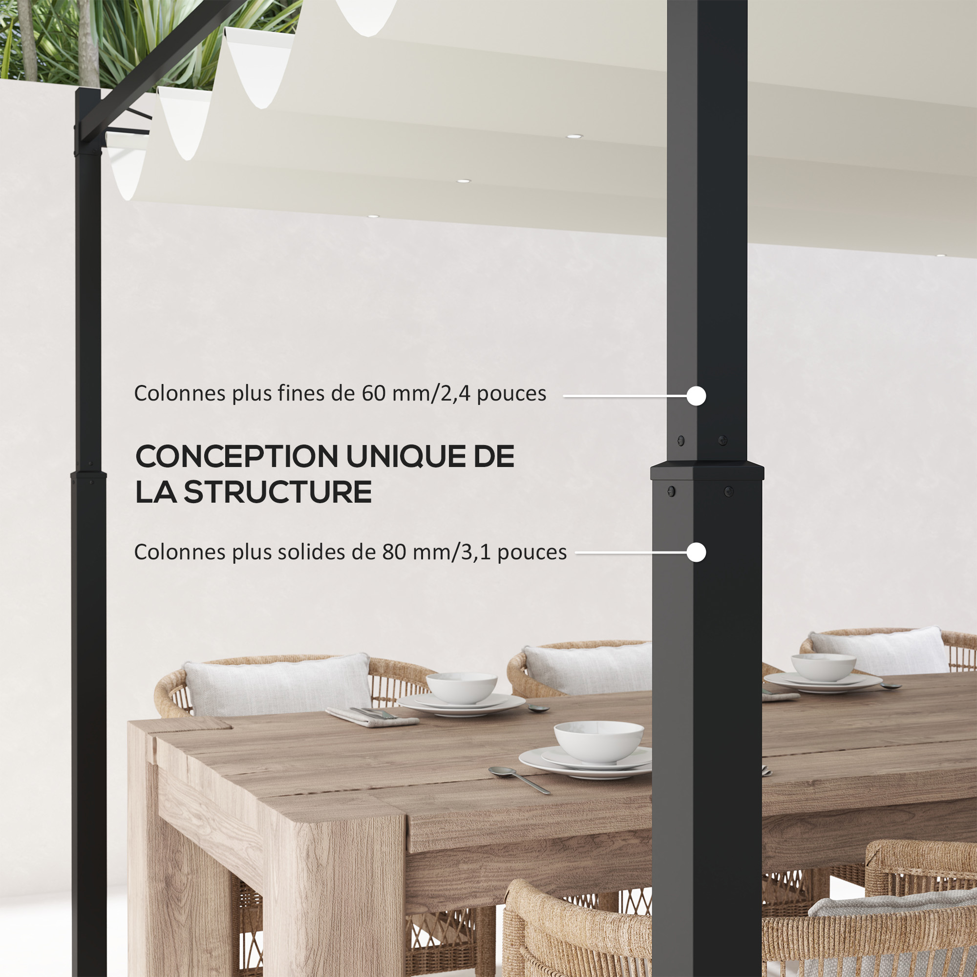 Pergola Métallique 3x3 m, Toit Rétractable et Fixation Magnétique, Gazebo Extérieur Kit Pergola Jardin, Colonne Métallique 80mm, Crème Blanc - 7