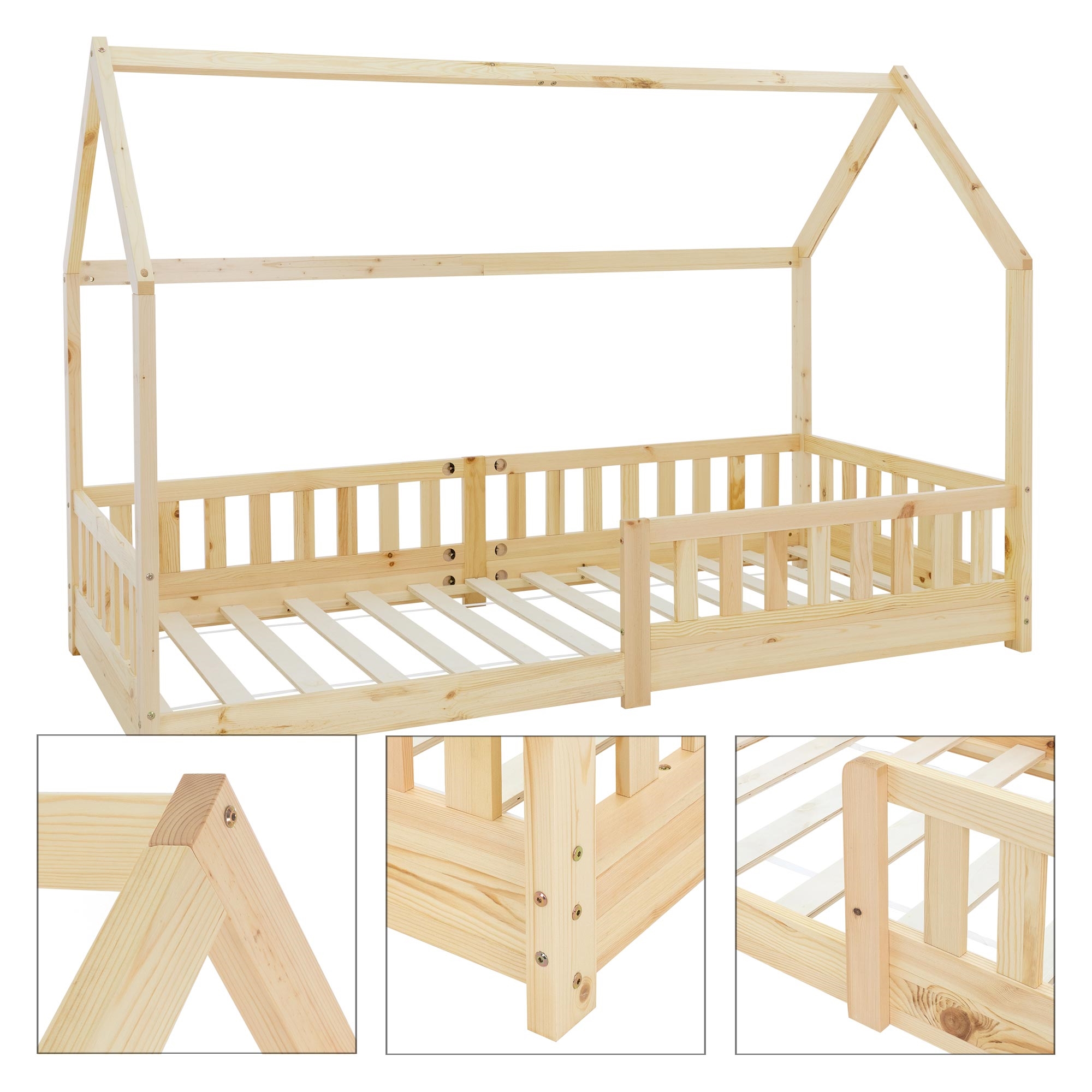 Lit cabane enfant 90x200 cm naturel en bois massif avec protection antichute, toit et sommier à lattes, couchage au bas maisonnette - 3