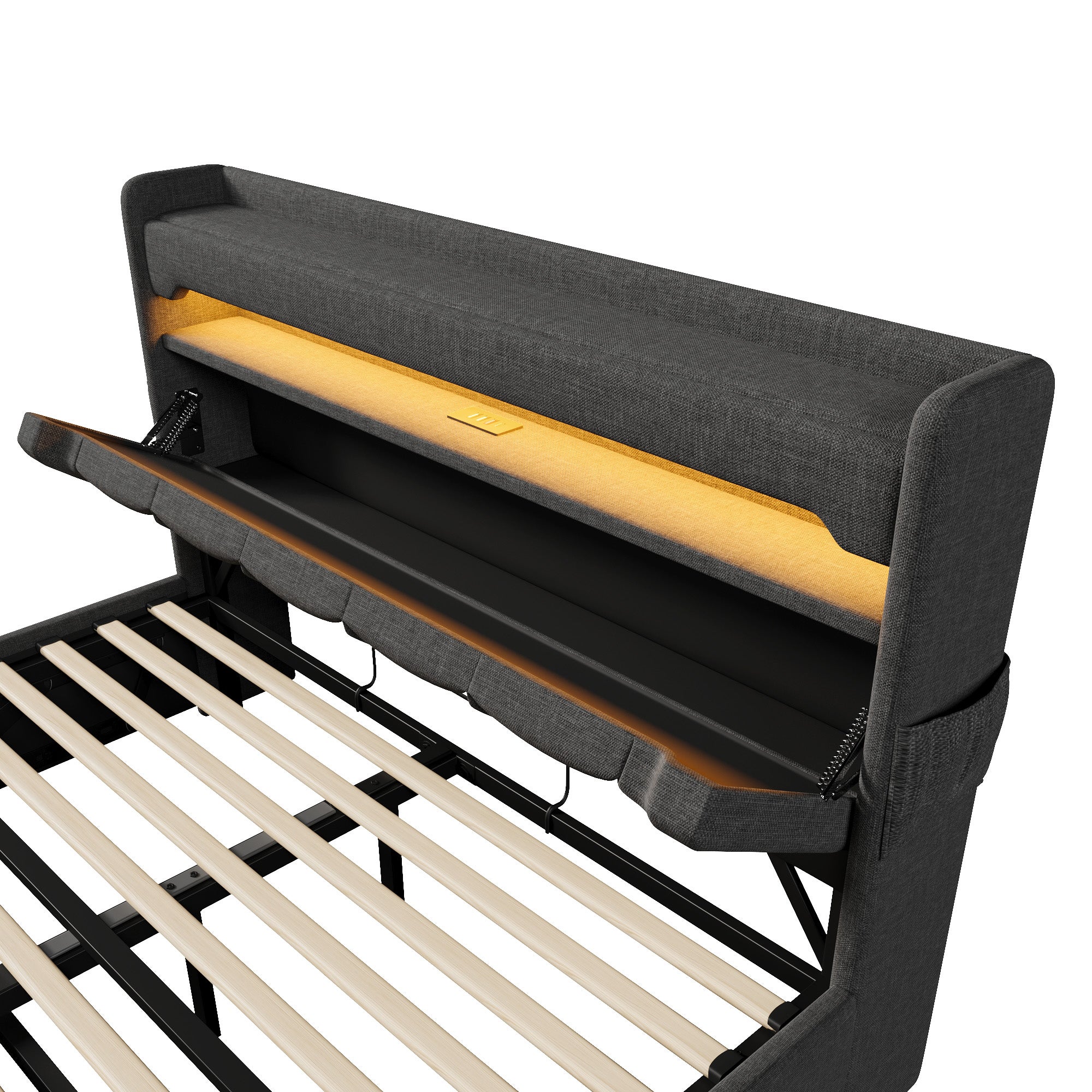Cama tapizada con almacenamiento 160x200 cm - con LED y puertos USB de carga - tejido de lino - cabecero con espacio de almacenamiento - Gris - 9