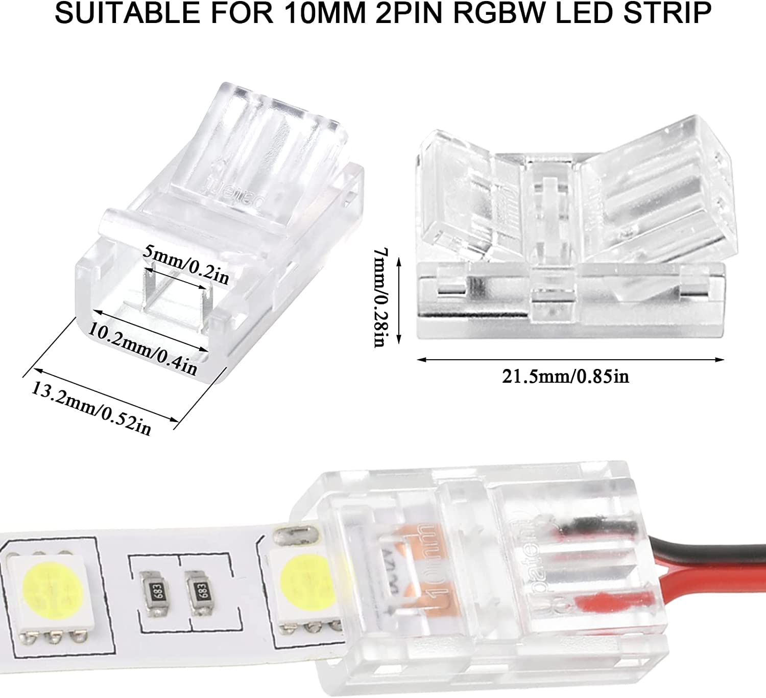 20 Pièces 10mm connecteur LED 2 broches，Connecteur de Bande LED sans soudure, connecteurs rapides LED,pour LED bande de fil 3528/2835 - 3