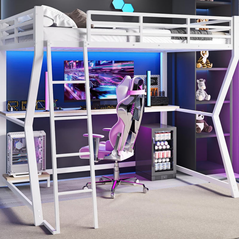 Zdjęcia - Łóżko MODERNLUXE antresola 90x200cm z LED i gniazdkami - biurko + schody - Biały