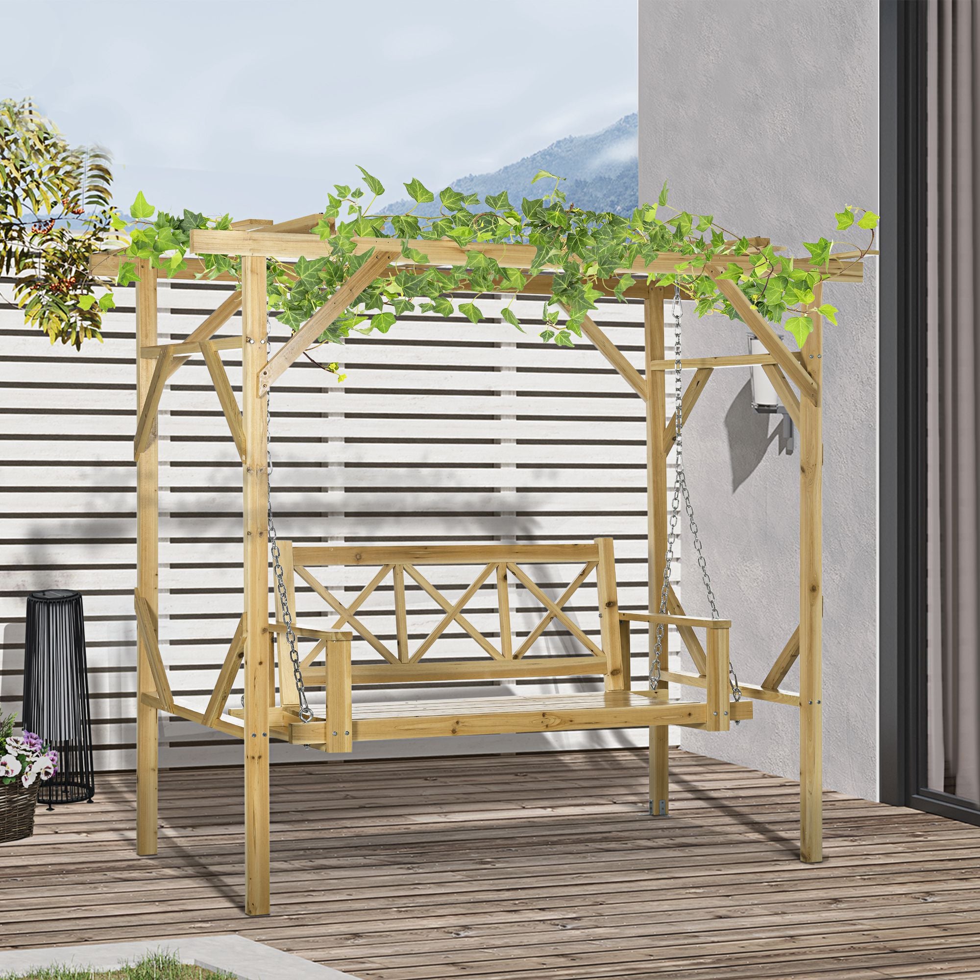 Balançoire avec dossier, 2 places, hauteur réglable, structure en bois massif, 2,21 x 1,40 x 1,96 m - 4