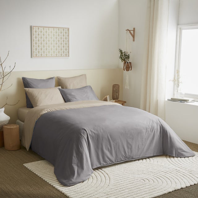 Pack complet 6 pièces Taupe/Lin réversible housse de couette pour lit 160 x 200 cm