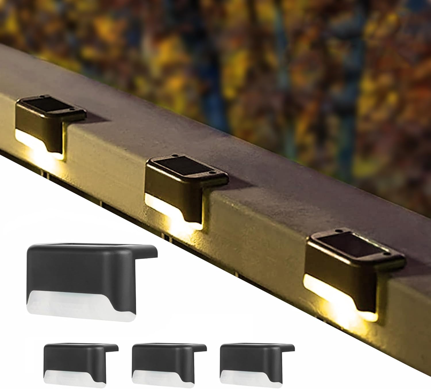 Zestaw 4 czarnych, wodoodpornych lamp solarnych na taras, schody, płot, podwórko, patio i podjazd (ciepła biel)