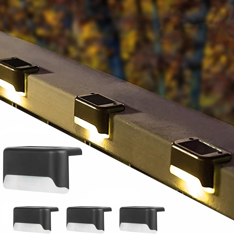 Zestaw 4 czarnych, wodoodpornych lamp solarnych na taras, schody, płot, podwórko, patio i podjazd (ciepła biel)