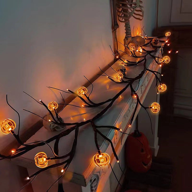 Lampki Halloween, 54 diody LED w kształcie rattanu i wierzby z 18 dyniami i 8 trybami oświetlenia, lampki Halloween, 1,8 m
