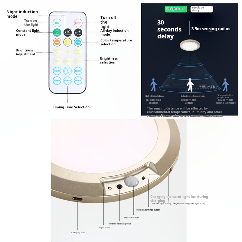 Plafonnier doré, applique murale, lampe décorative, éclairage d'escalier à LED, 3000/4000K/6000K, 7000mAh + télécommande - 4