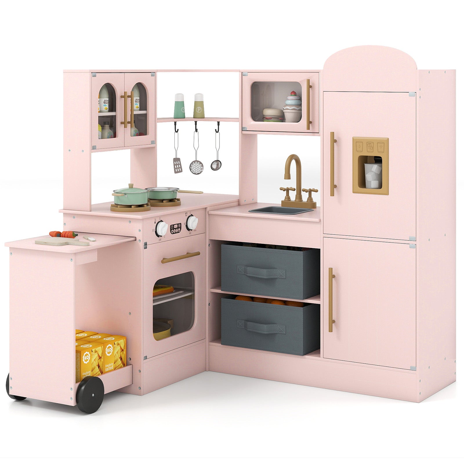 Cuisine Enfant D'angle En Bois Avec Lumières & Sons - Réfrigérateur, Four, évier, Cafetière - Pour 3 Ans Et Plus, Rose