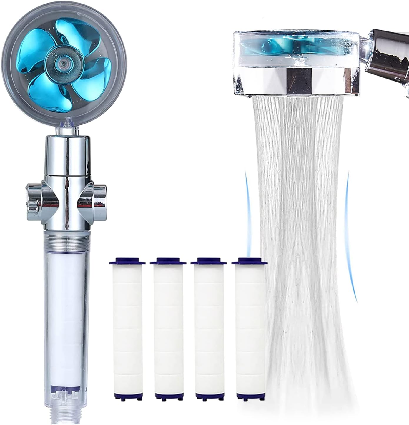 Głowica prysznica ręcznego wysokociśnieniowego z filtrami Vortex hydro jet Turbo Propeller, obrót o 360 stopni, łatwa instalacja (niebieska)