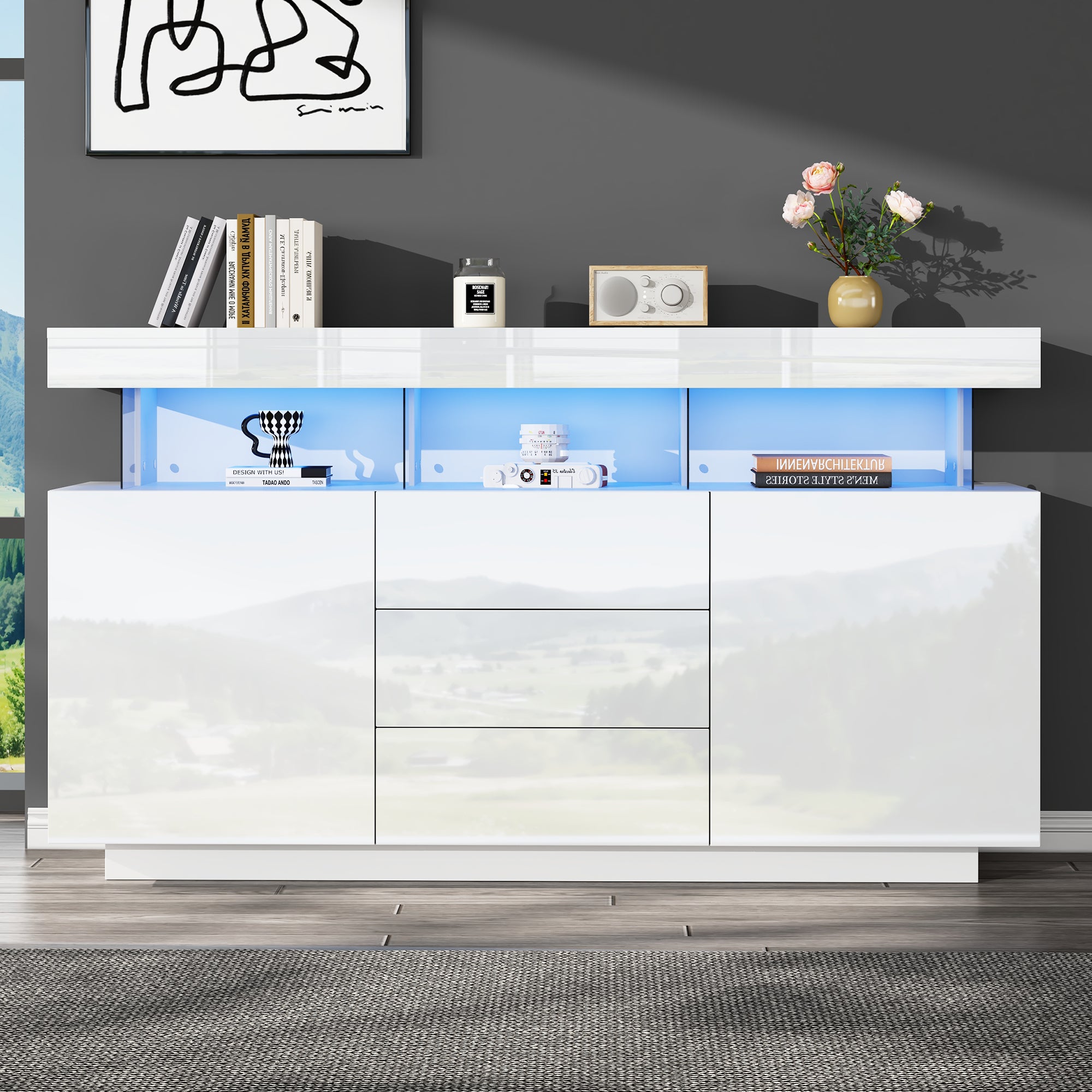 Credenza bassa moderna con 2 ante e 3 cassetti - 140 x 35 x 80 cm - LED - Pannello truciolare e acrilico - Bianco lucido - 3