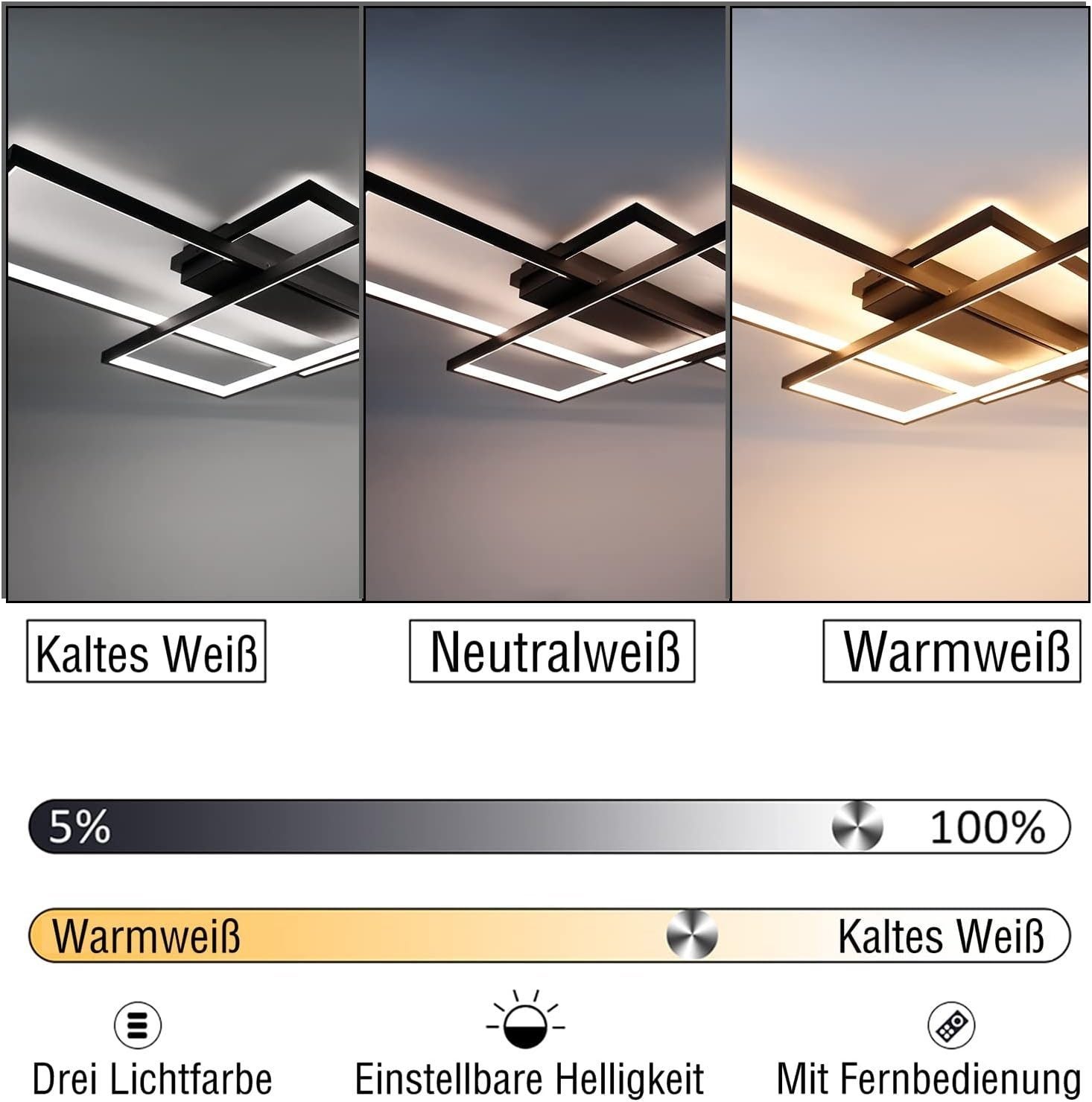 NETTLIFE Lámpara techo ajustable 100x70x8cm, 3 LED negras cuadradas, Control remoto, Iluminación acrílica 88W - 2