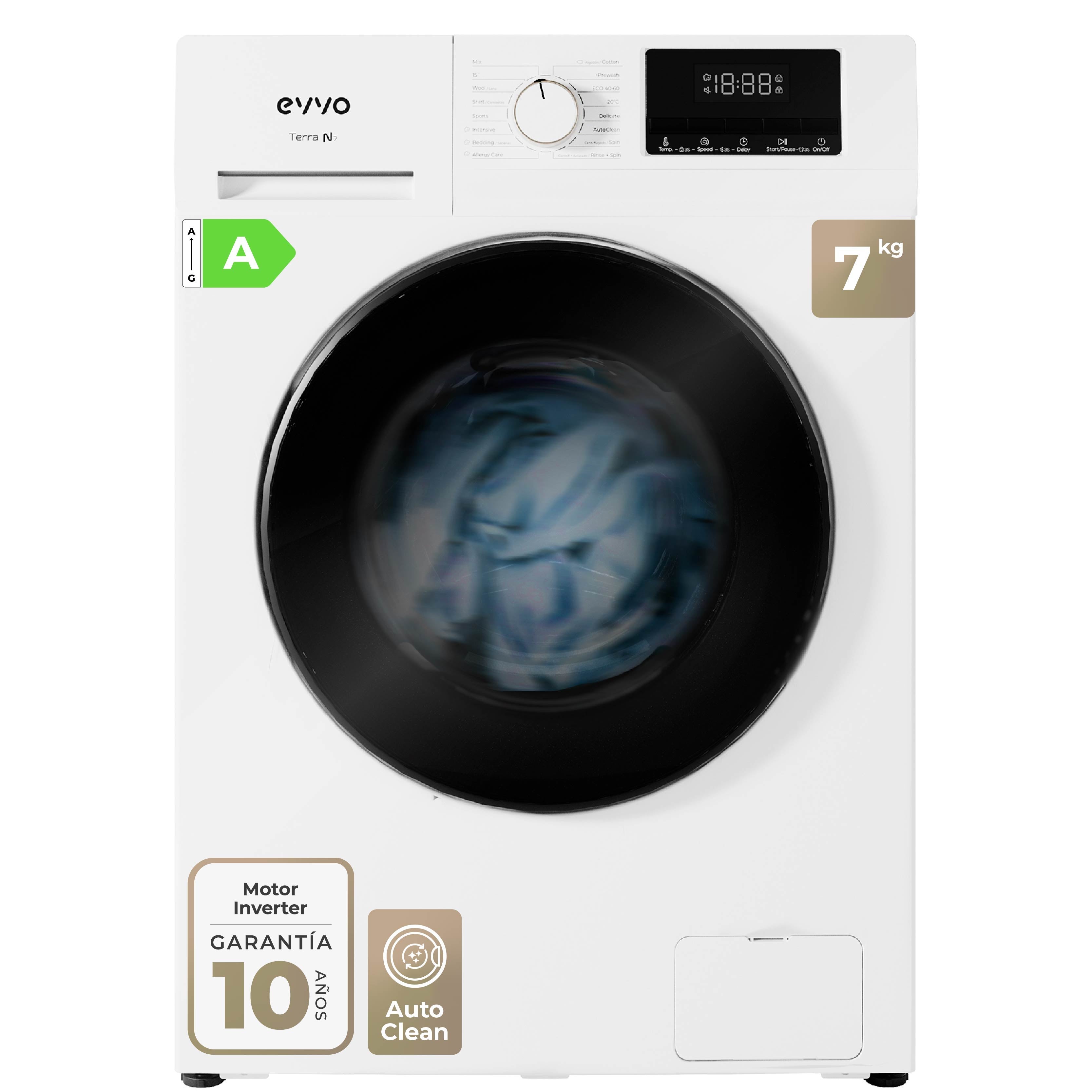 Evvo Lavadora 10-7 Kg Carga Frontal Terra N, 1400 Rpm, Clase Energética A, Motor Edrive Inverter, 16 Programas - Imagen 3