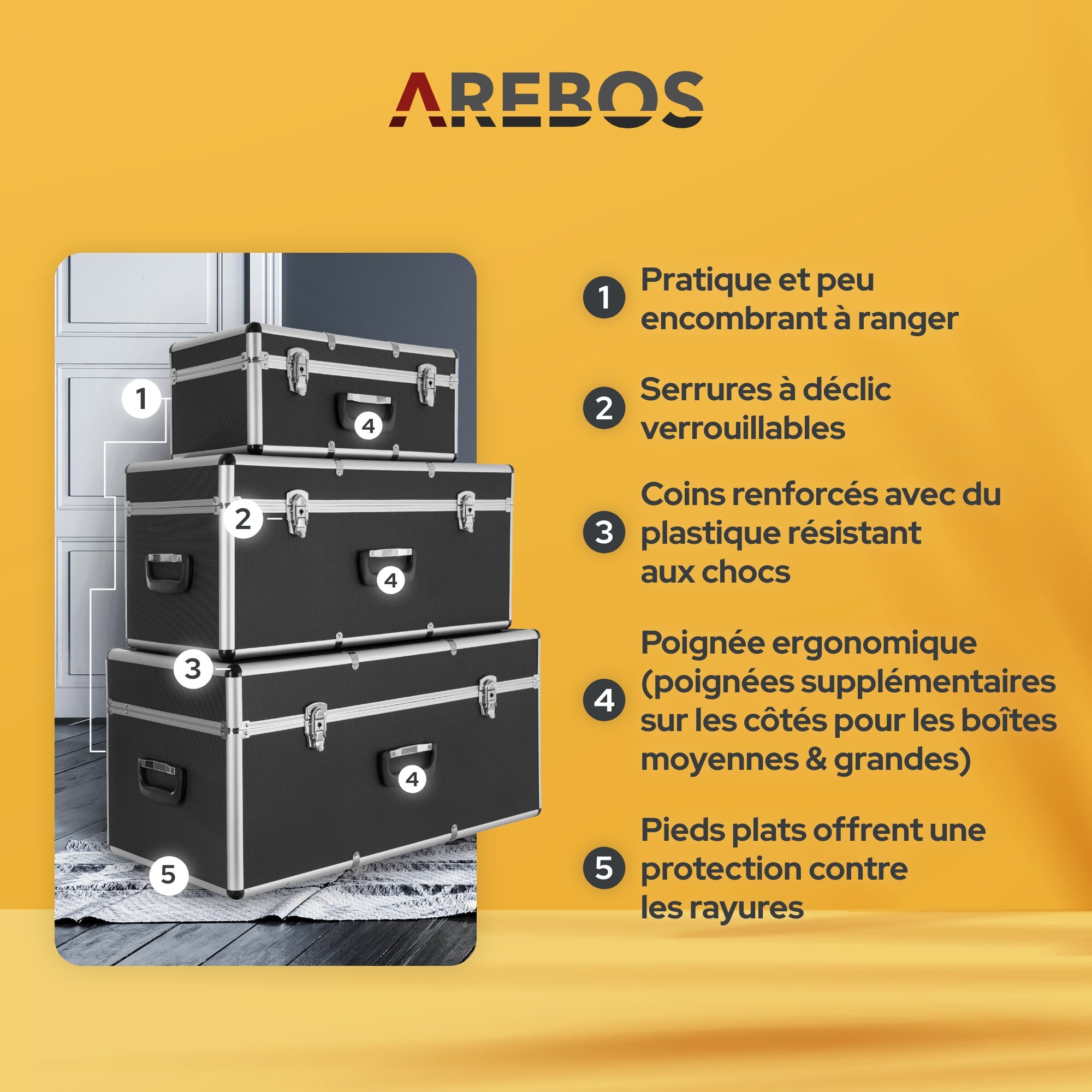 AREBOS Lot de 3 valises de transport Aluminium Volume total de 200 l verrouillables avec poignées Boîtes de transport - 4