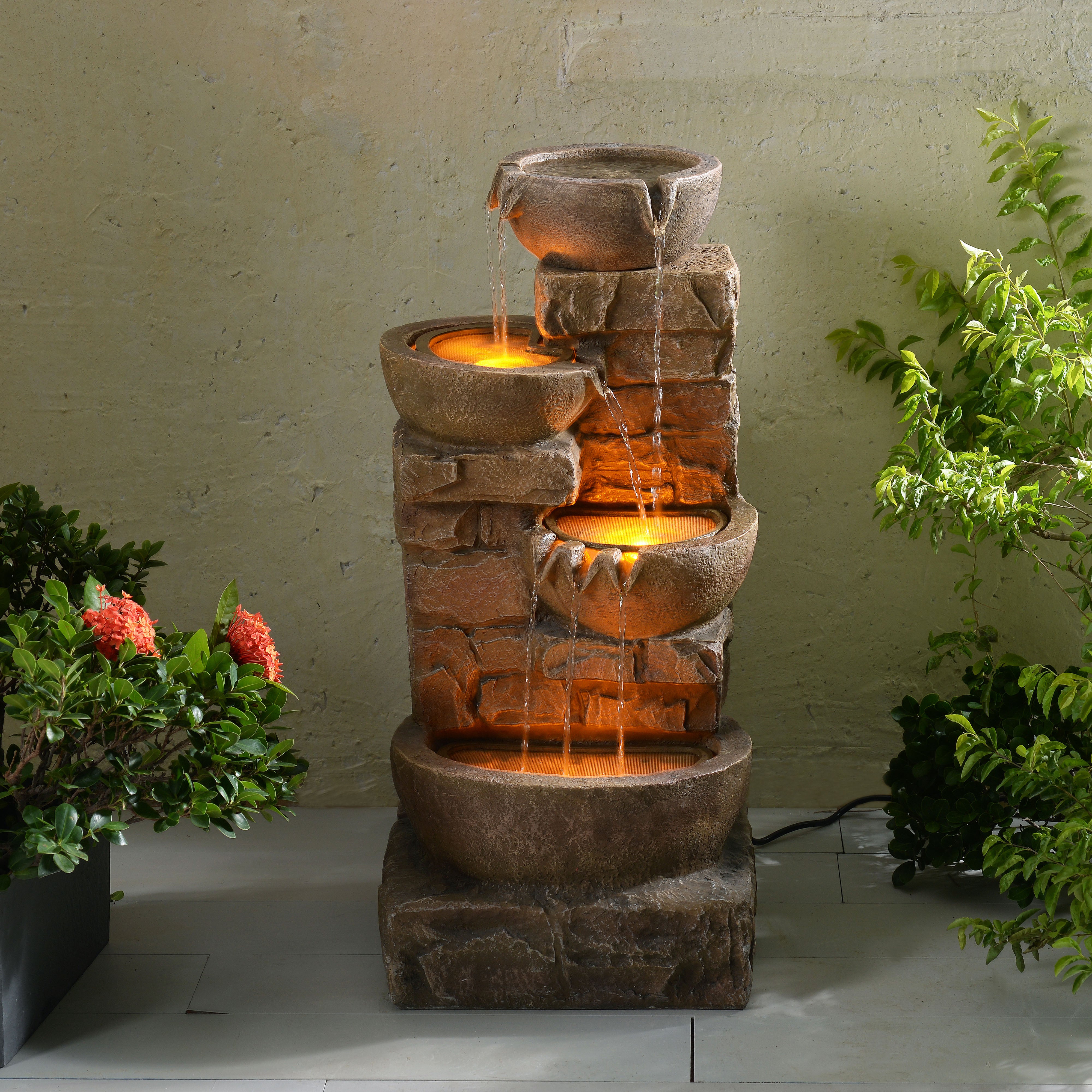 Fontaine de jardin pierre 84.5cm avec pompe LED, Marron TEAMSON HOME - 3