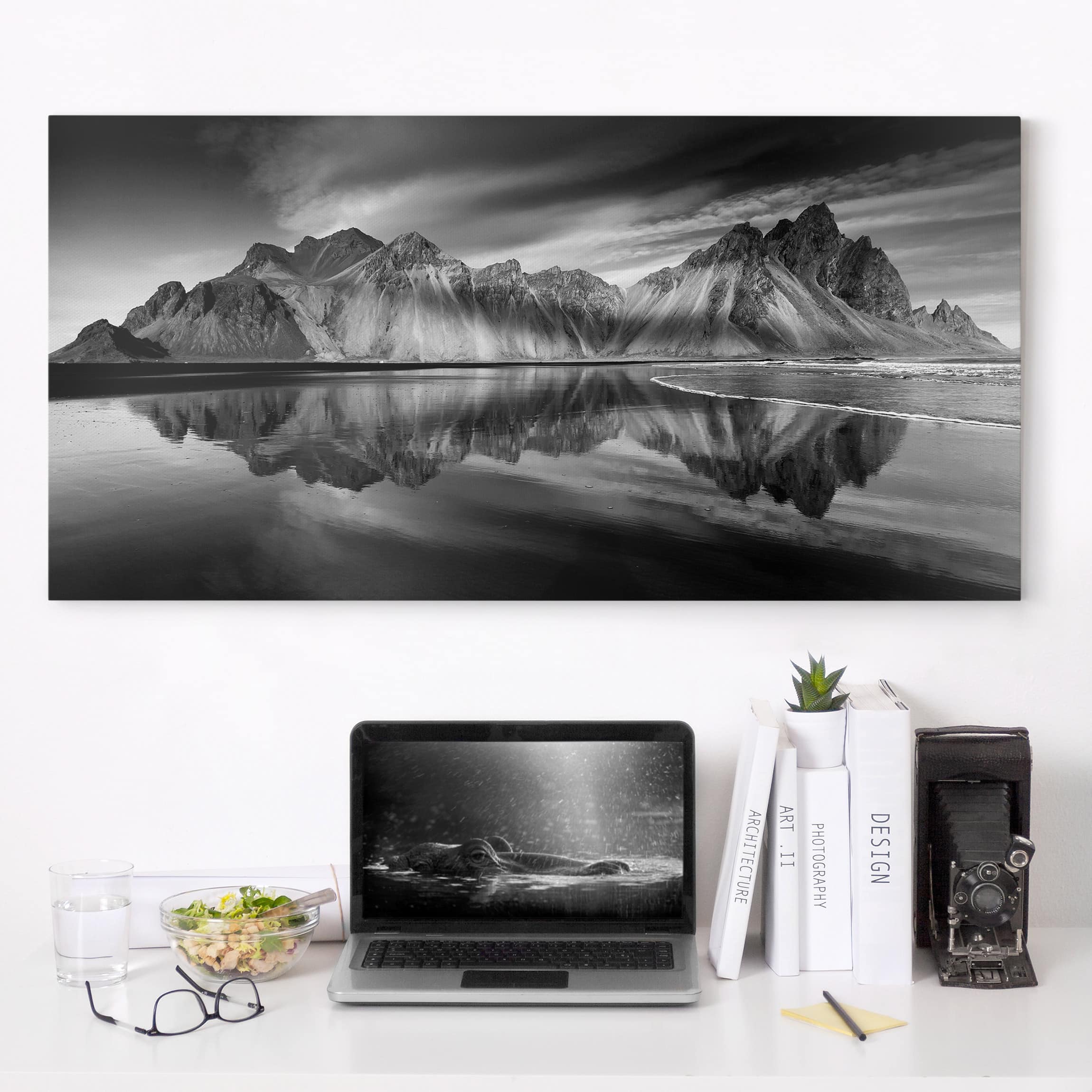 Stampa Su Tela Panther Print – Cascata In Bianco E Nero, Paesaggio Invernale, 18x12 Cm, Tela Pronta Da Appendere Con Telaio In Pino