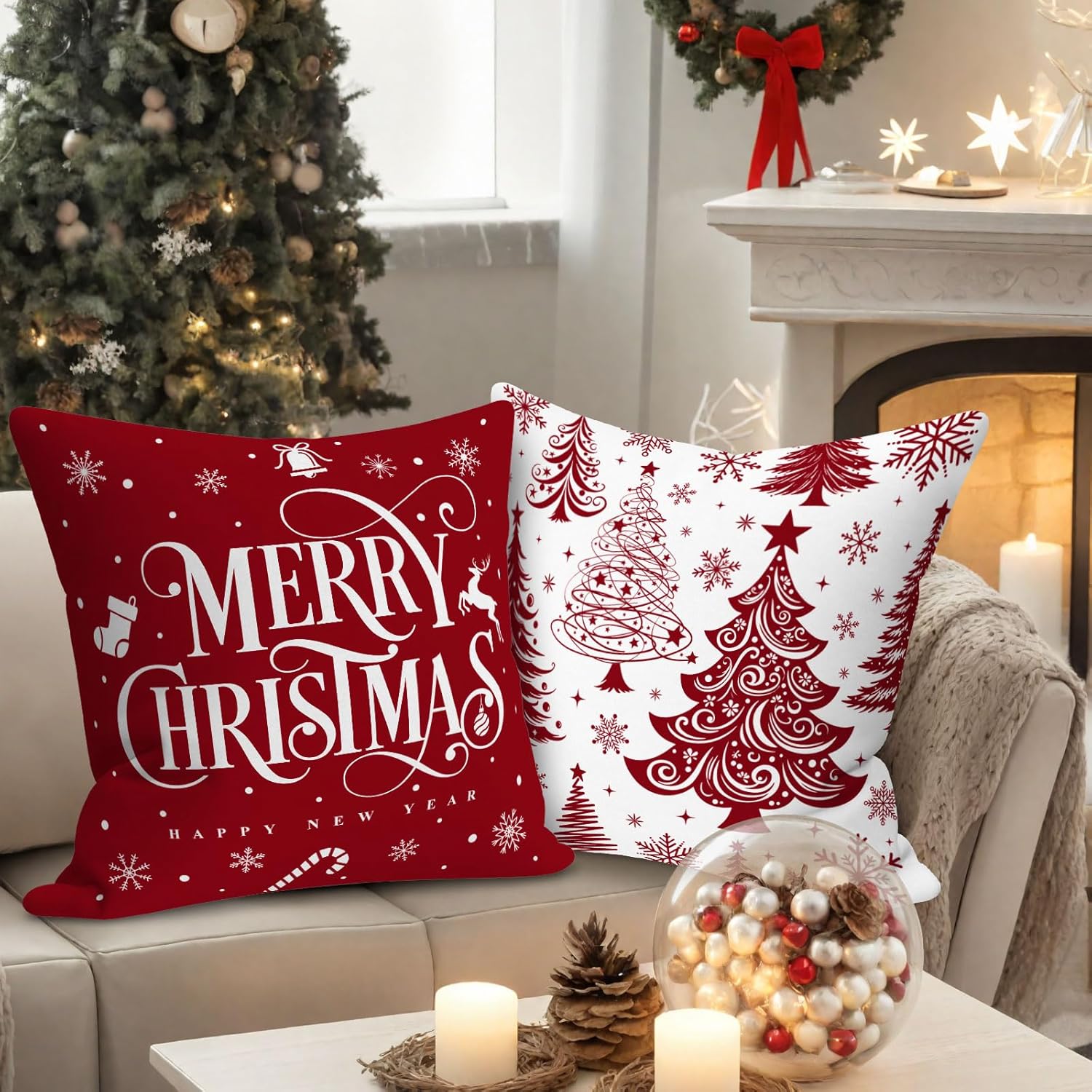 Lot De 4 Housses De Coussin Noël 40x40 Cm – Motifs Bonhomme De Neige Et Renne