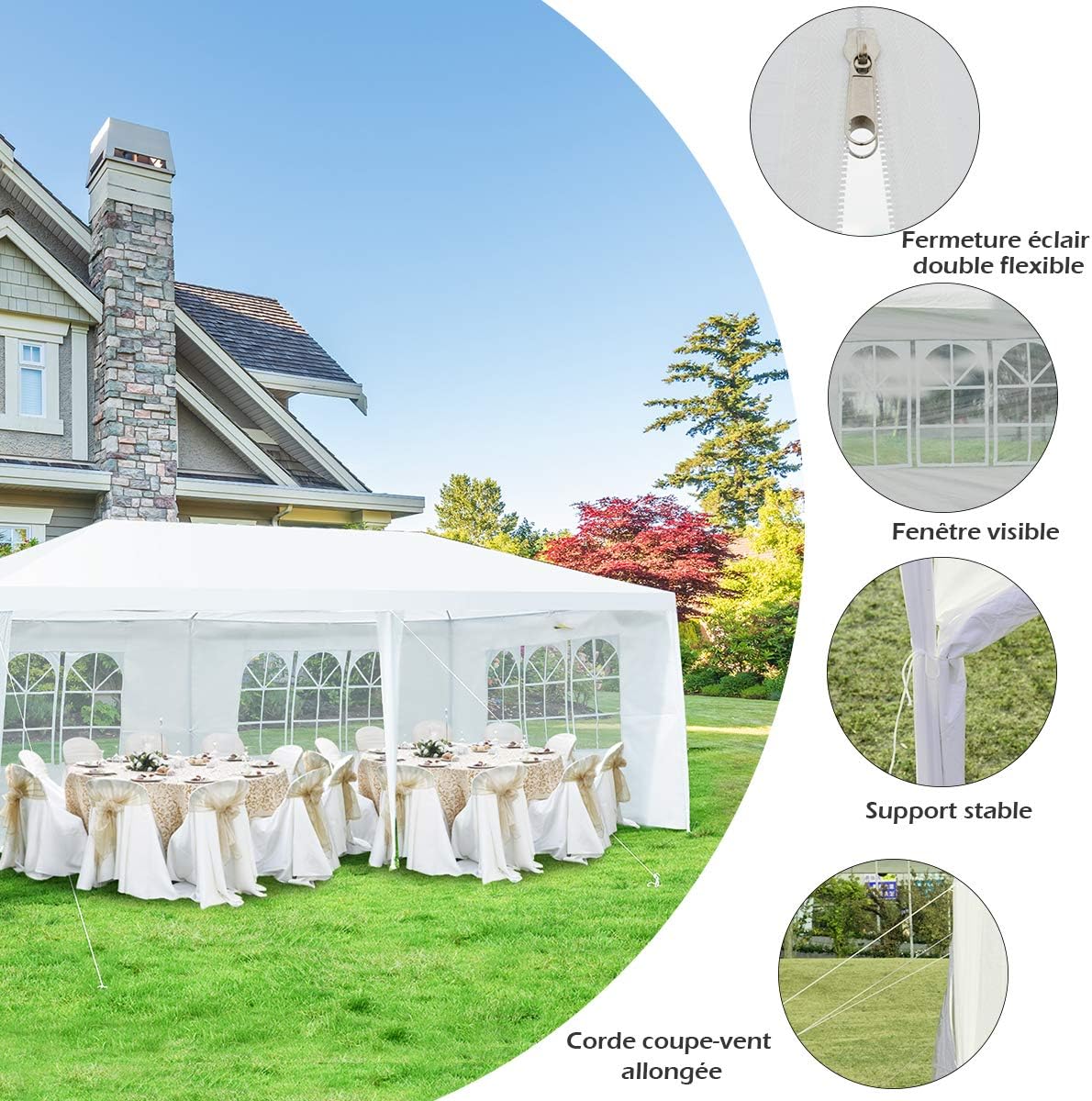 Tonnelle 3x6M Tente de Réception 6 Bâches avec Fenêtres-Pergola avec Piquets et Cordes-Tissu étanche/Résistant au Soleil - 3