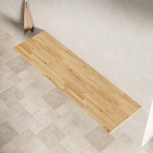 Encimera de madera maciza 160 cm para lavabo, bordes ondulados, sin perforaciones ni soportes
