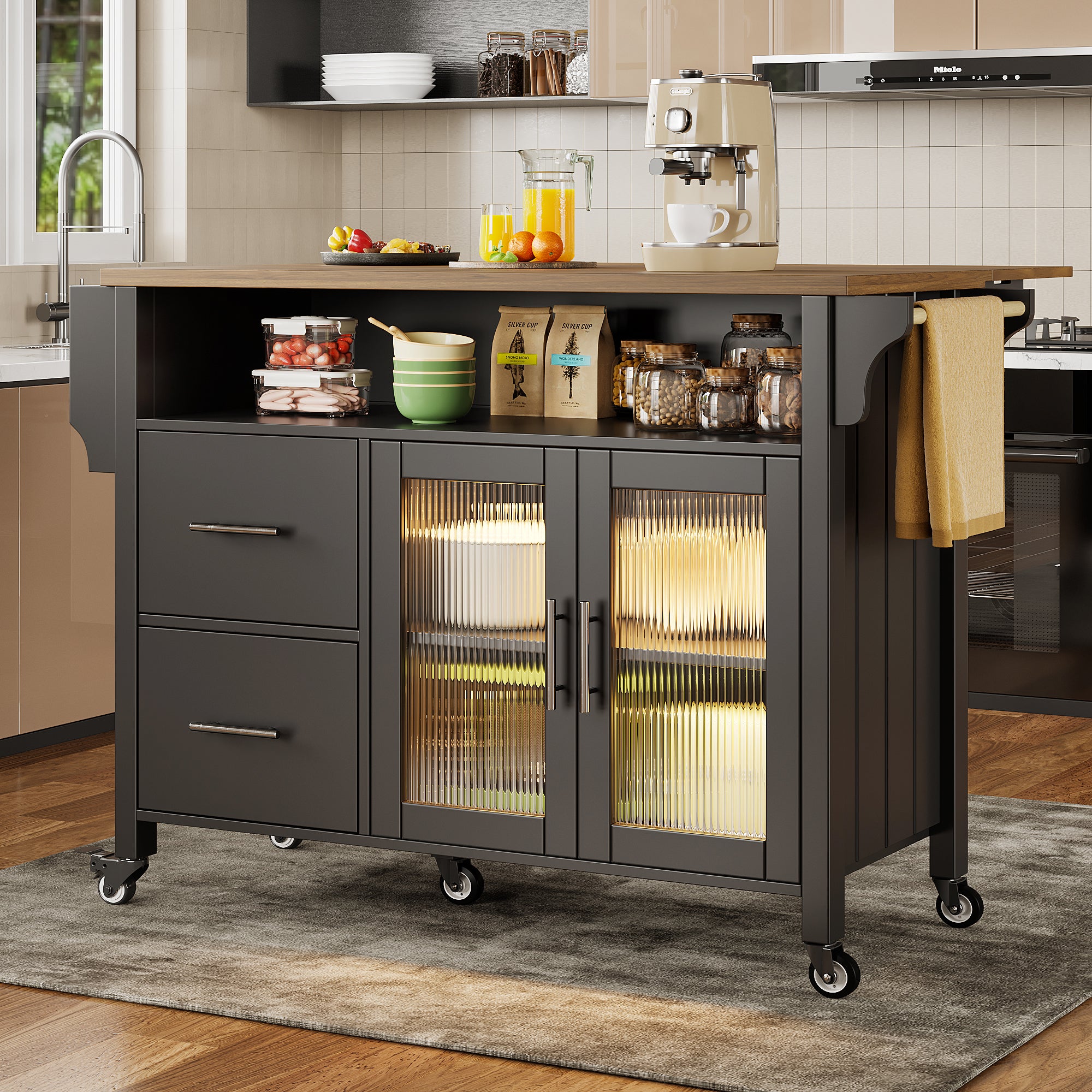 Isla de cocina móvil - encimera extensible - con LED - 2 cajones y 2 puertas - con toallero - MDF - negro + natural - 2