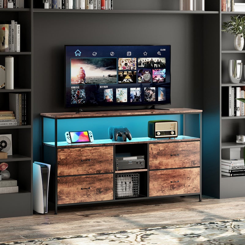 Meuble TV, 108x30x78cm, avec bande lumineuse LED et 4 tiroirs en tissu rétro, pieds réglables en hauteur, structure en fer, meuble tele - 3