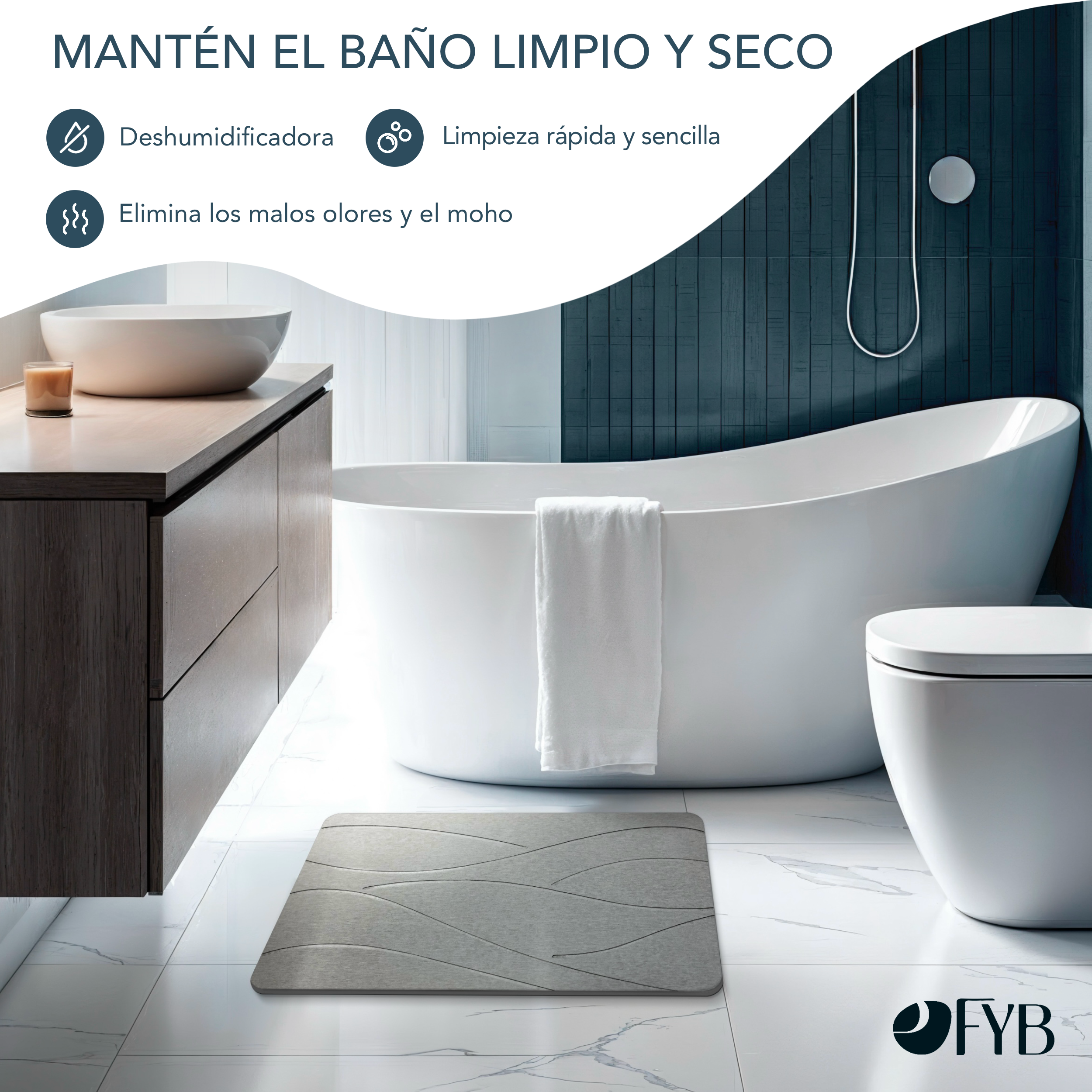 Alfombrilla de Diatomita para Baño Gris 60x40 – Secado Rápido, Antideslizante y Antibacteriana – Piedra Diatomita - 2