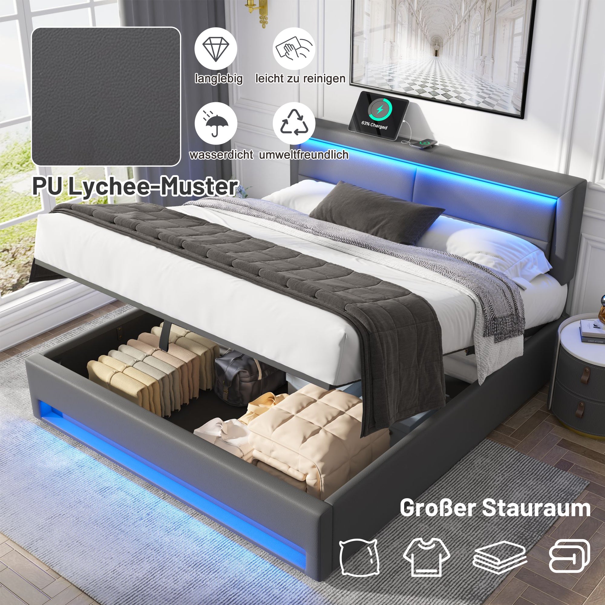 Lit coffre 140x190 cm,lit rembourré -port usb+éclairage led+ grand espace rangement - sans matelas-gris - 3