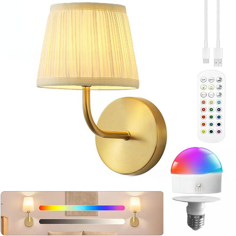Akumulatorowa lampa ścienna RGB z żarówką i pilotem, trzy temperatury barwowe i 12 kolorów, wyłącznik czasowy, do sypialni i salonu (złota)