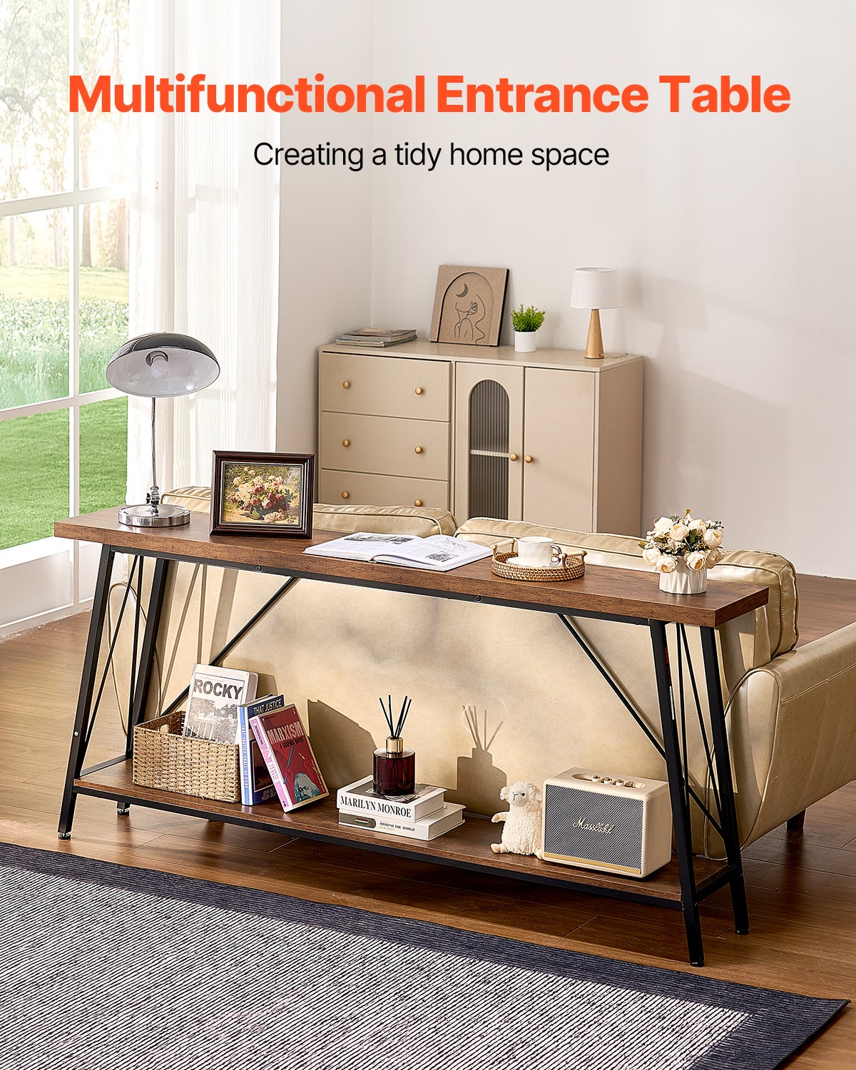 Console D'Entrée IRONCK 180 Cm Avec Multiprise - Table Étroite à 2 Niveaux, Bois Et Métal | Pour Salon, Couloir, Entrée
