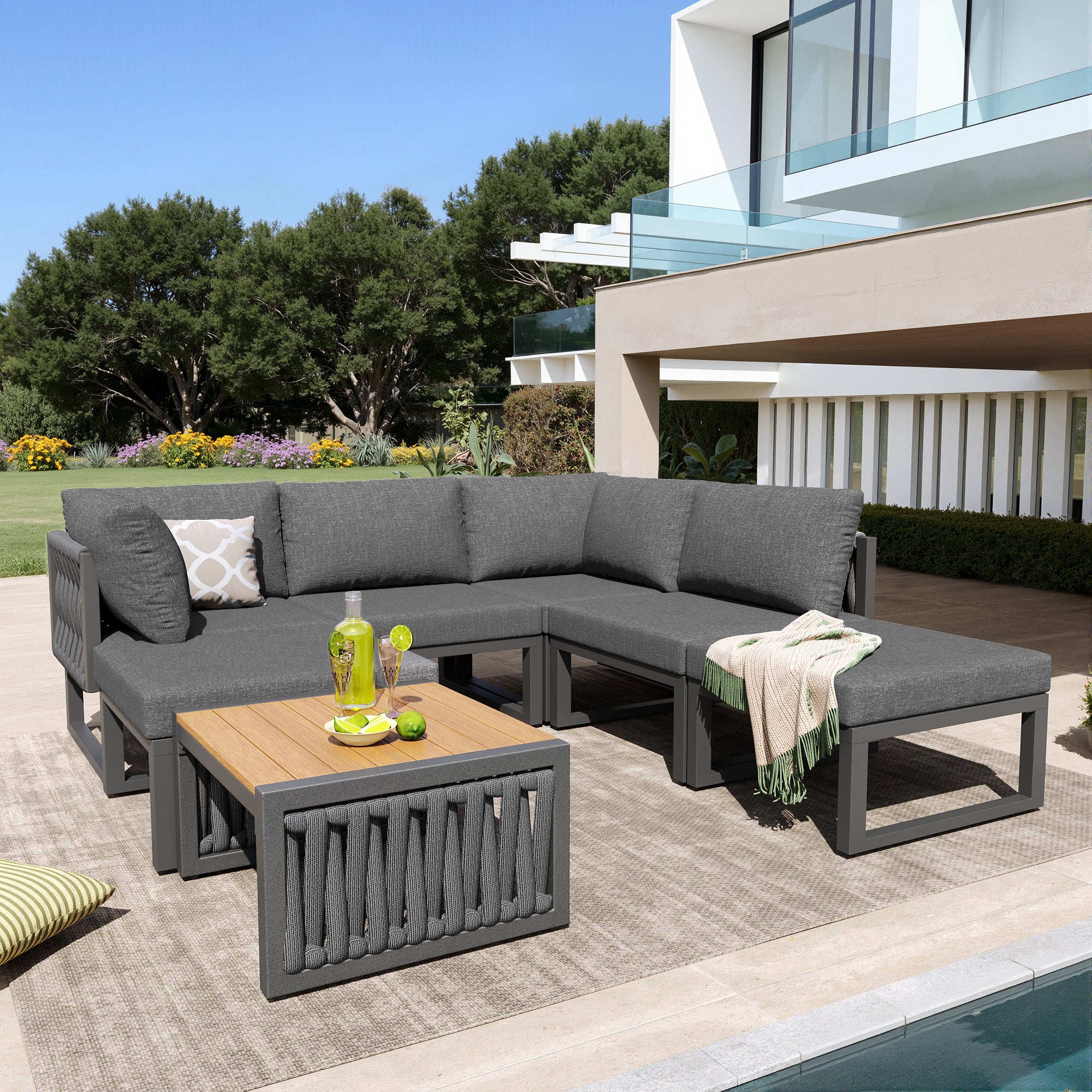 Salon de Jardin Exterieur,pour 6 personnes,Ensemble de canapé de jardin,Chaise longue double d'extérieur avec coussin,angle du dossier réglable,Gris - 2