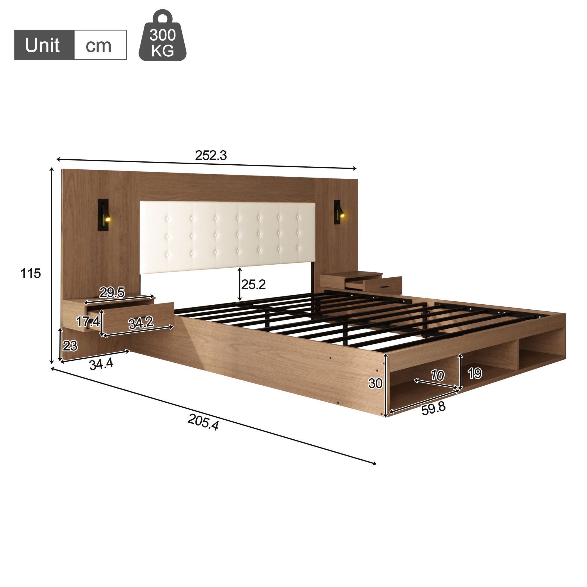 Lit double 180x200 cm avec 2 tables de nuit et tête de lit rembourrée, Lit adulte en bois avec Port USB et USB-C, lampe lecture et 3 étagère, Noyer - 4