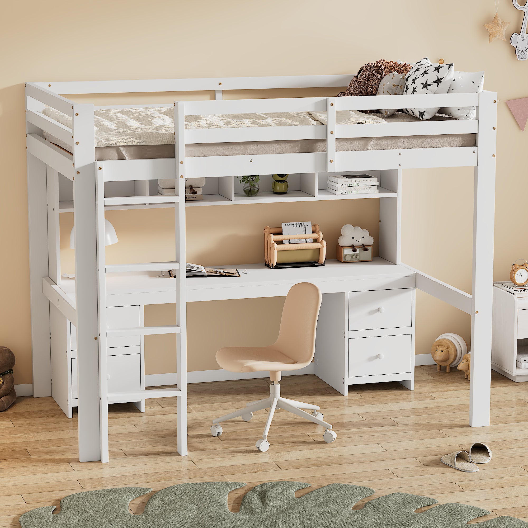 Lit enfant 90x200 cm - Table en bas + tiroirs de rangement - Bois de pin massif - Balustres haut + échelle stable - Blanc