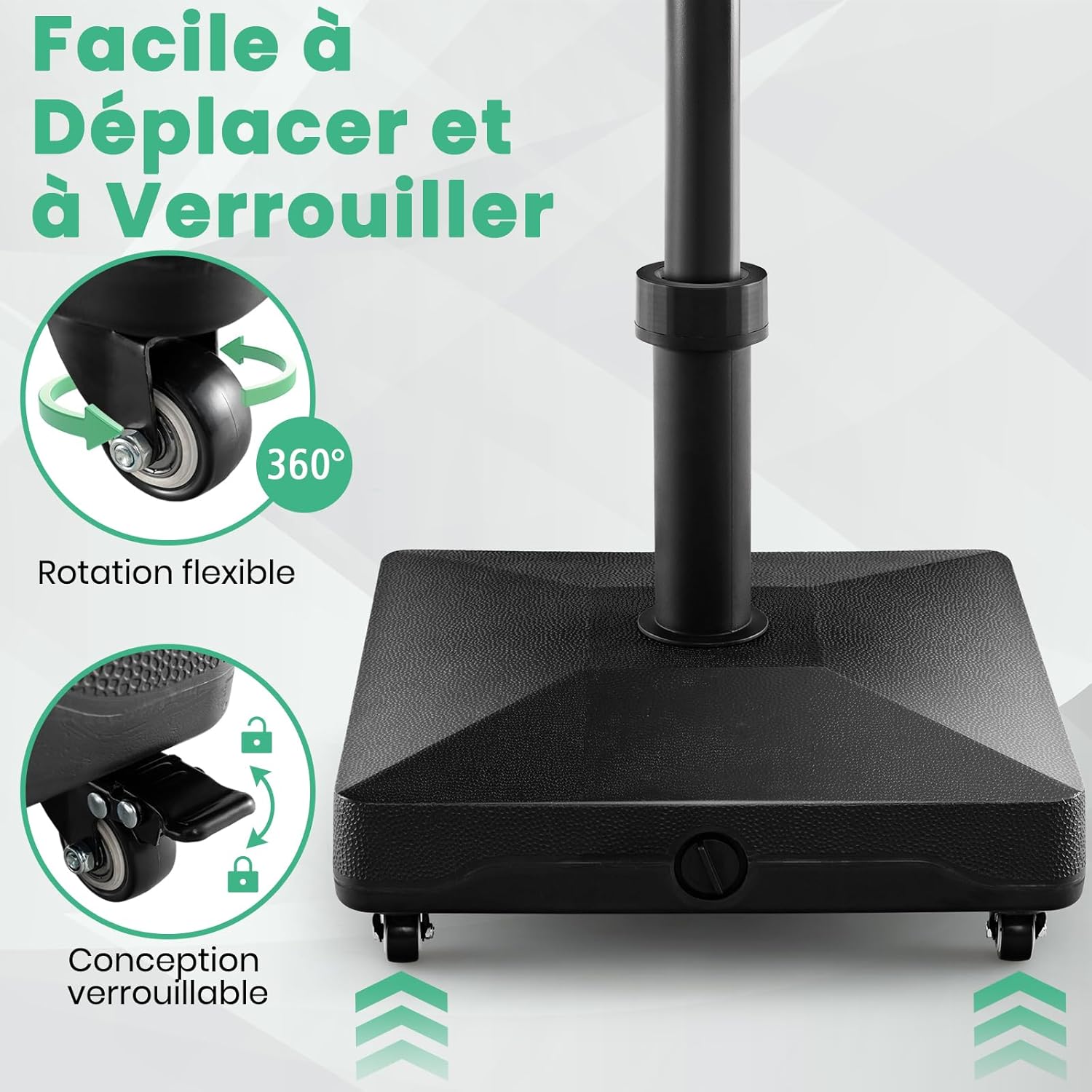 Pie de sombrilla con ruedas, soporte para sombrilla de 16 l y arena de 24,5 kg, apto para sombrilla Φ 32/48 mm, 2receptores, base sombrilla(52x41,5cm) - 6
