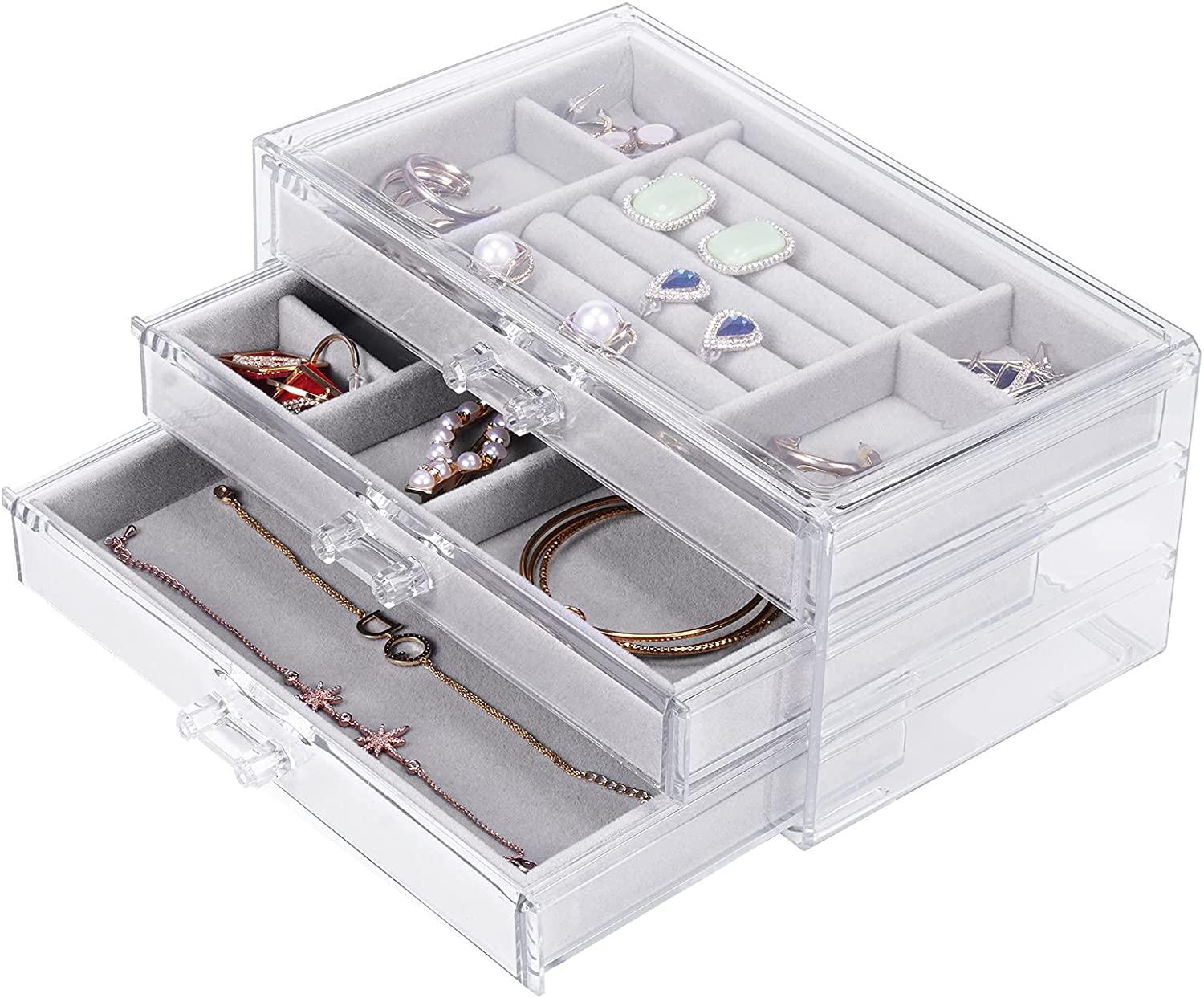 Boîte à Bijoux Acrylique Transparent 3 Tiroirs - Organisateur 72 Grilles Pour Boucles D'Oreilles, Bagues Et Colliers