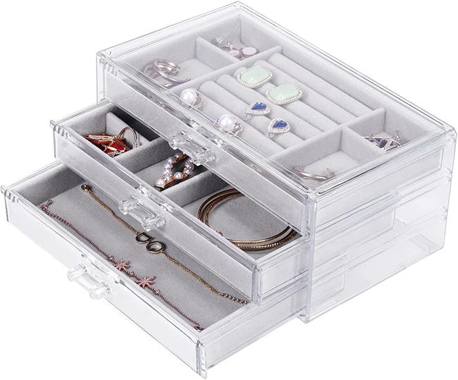 Boîte à Bijoux Acrylique Transparent 3 Tiroirs - Organisateur 72 Grilles Pour Boucles D'Oreilles, Bagues Et Colliers