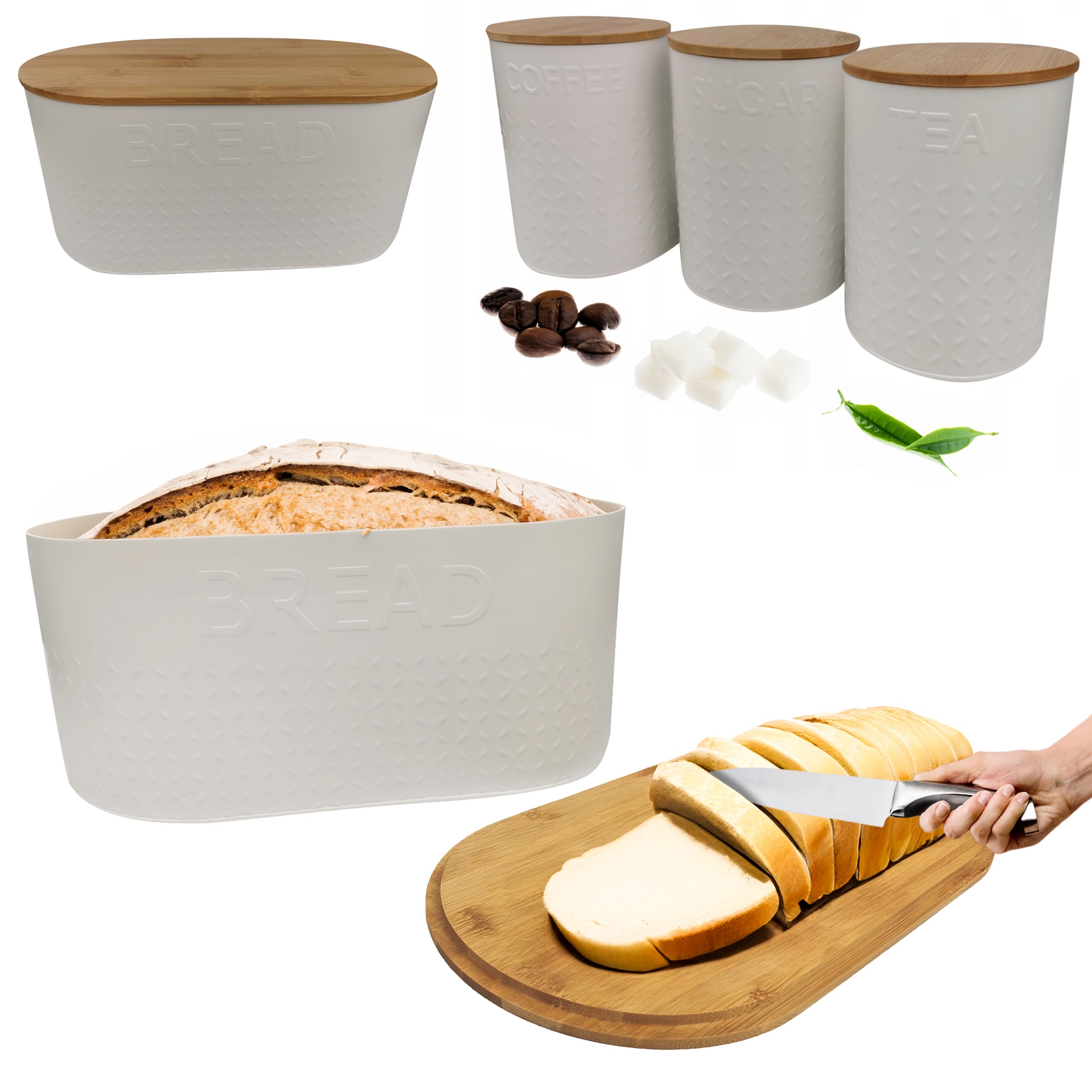 Zestaw chlebak pojemnik na chleb kawa cukier herbata deska bambus chz03b