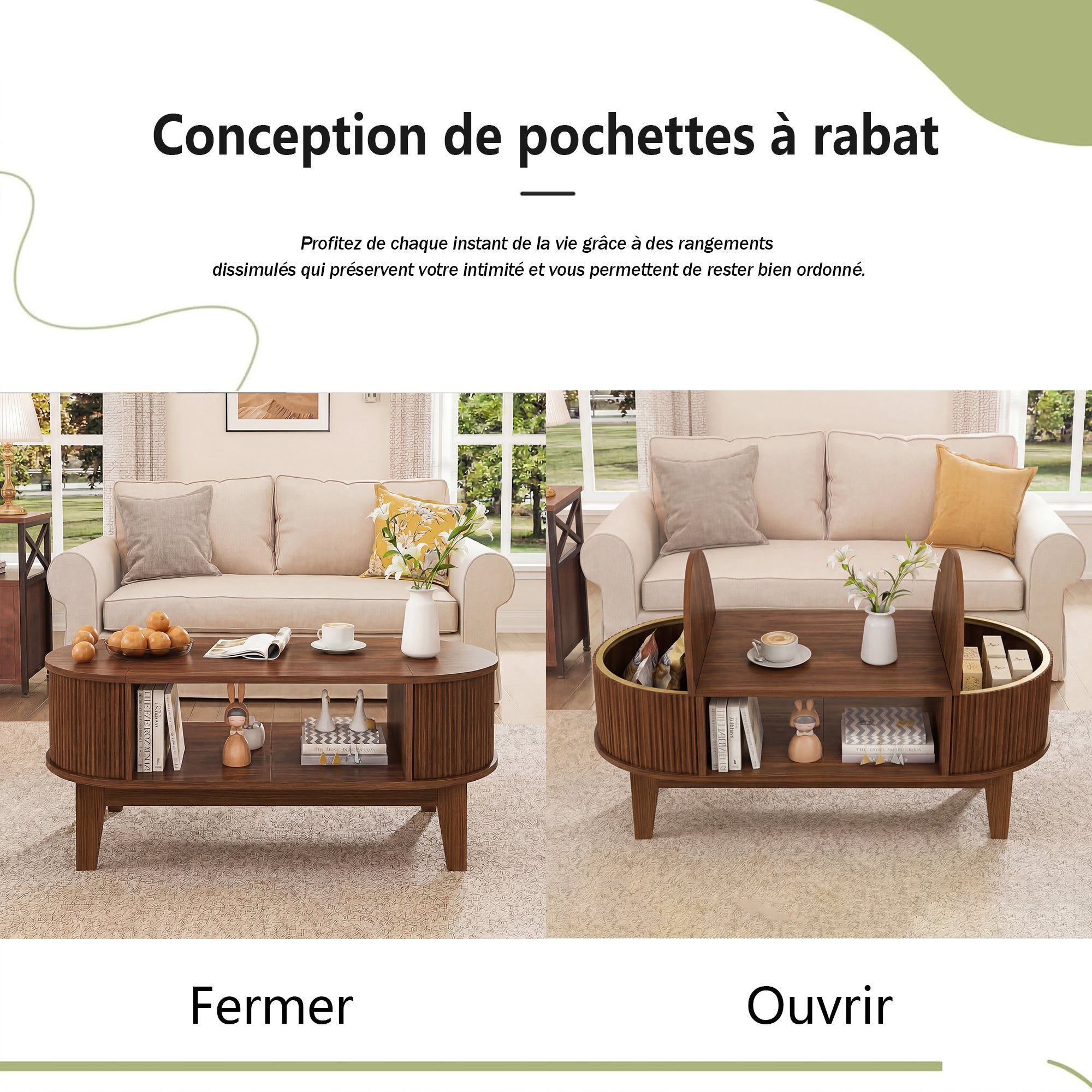 Table Basse avec Compartiments de Rangement,Table d'Appoint Massif Intemporel Style Scandinave Salon Séjour Bureau,Tables Basses en Bois,100x55x40cm - 3