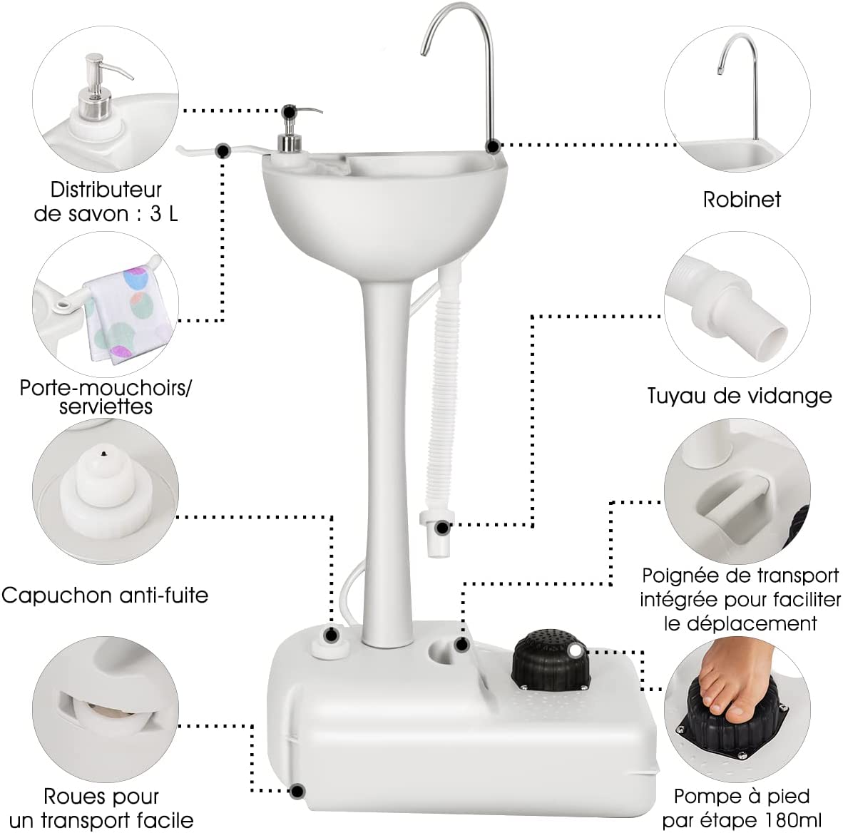 Évier de Camping à Pompe à Pied Portable avec Réservoir d'eau de 17L et Distributeur de Savon - 3