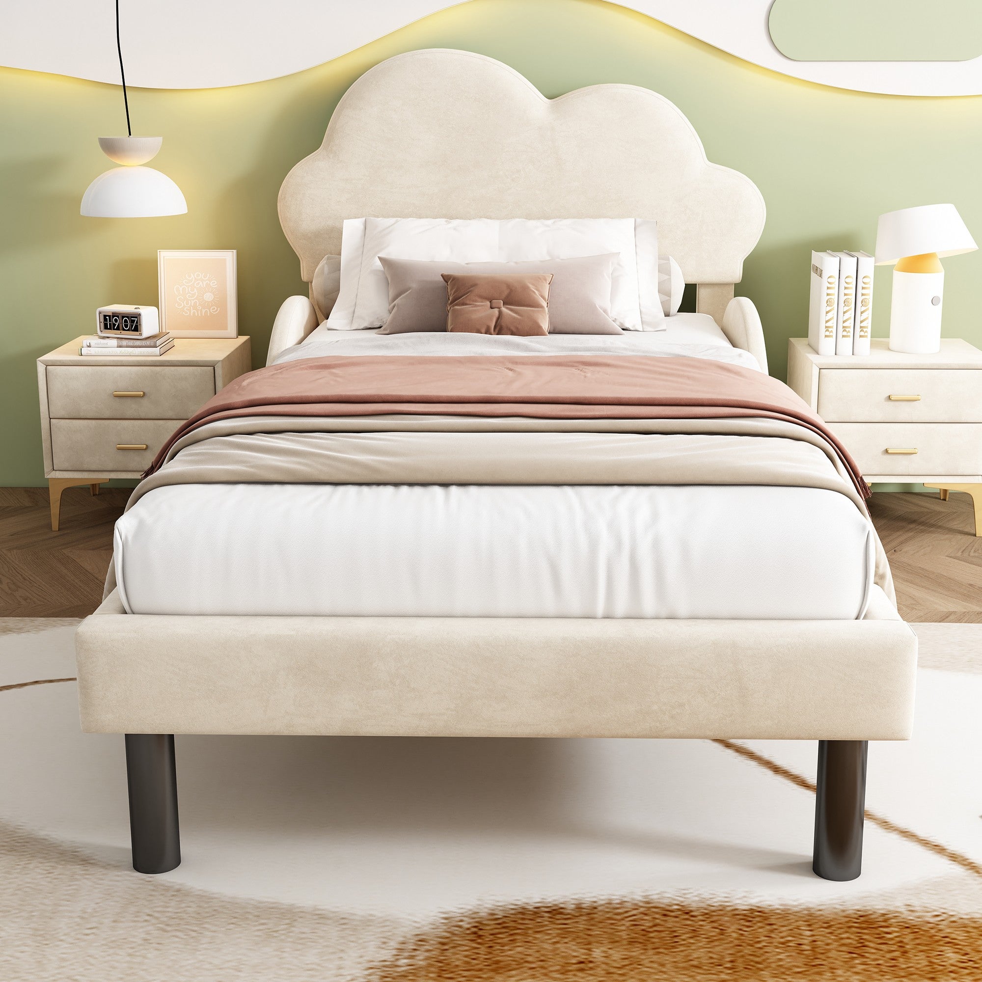 Lit Enfant 90x200 Cm Avec Tête De Lit Nuage | Cadre Bois Robuste Et Côtés Sécurisés