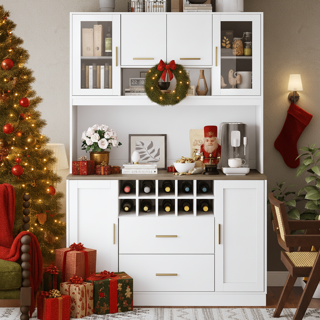 Kredens kuchenny z 6 drzwiami, 2 szufladami i stojakiem na 10 butelek wina - 120 x 36,3 x 180 cm - diody LED i port ładowania - biały
