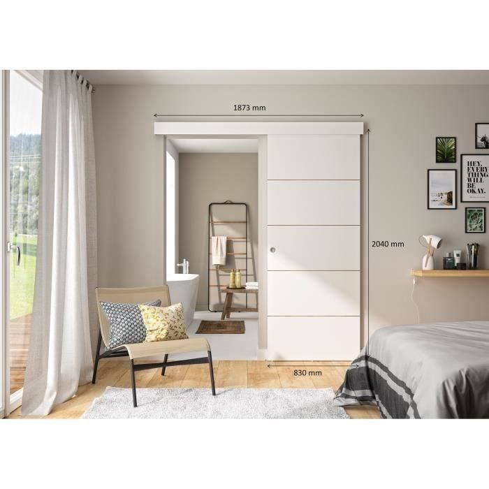 Kit porte coulissante 4 lignes - blanc lignée - + rail 2 amortisseurs + cache rail blanc - H 204 cm x L 83 cm - 7