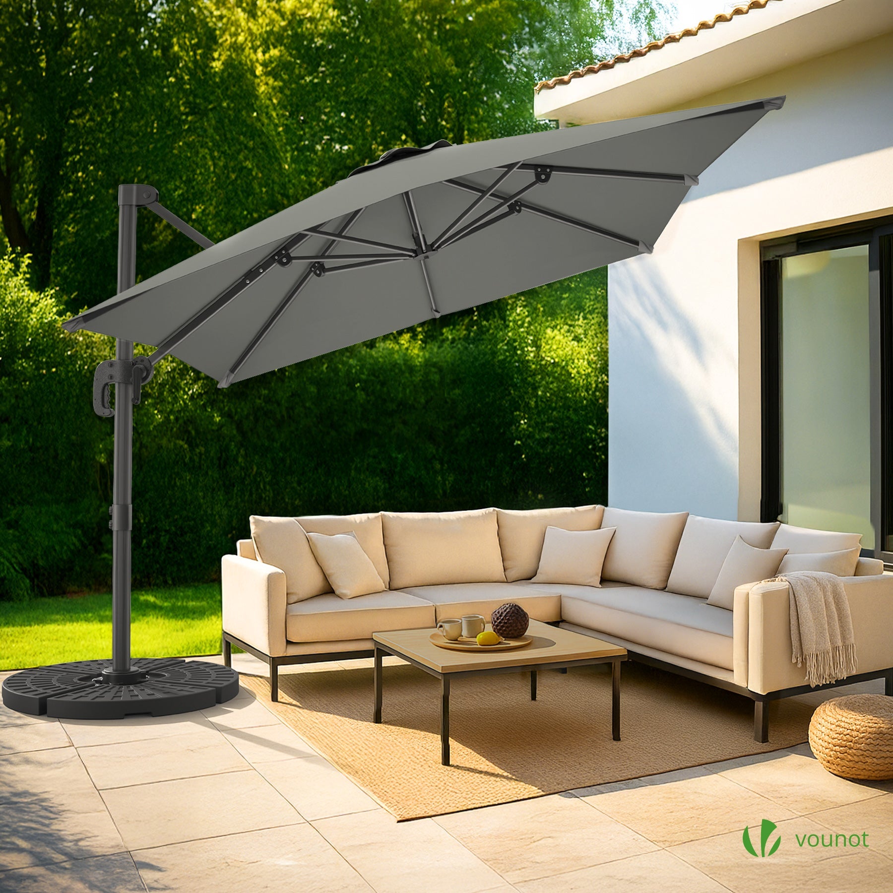 Parasol déporté carré premium 3x3M gris avec housse - 8 baleines - inclinable 6 positions - rotatif 360° - imperméable - VOUNOT® - 2
