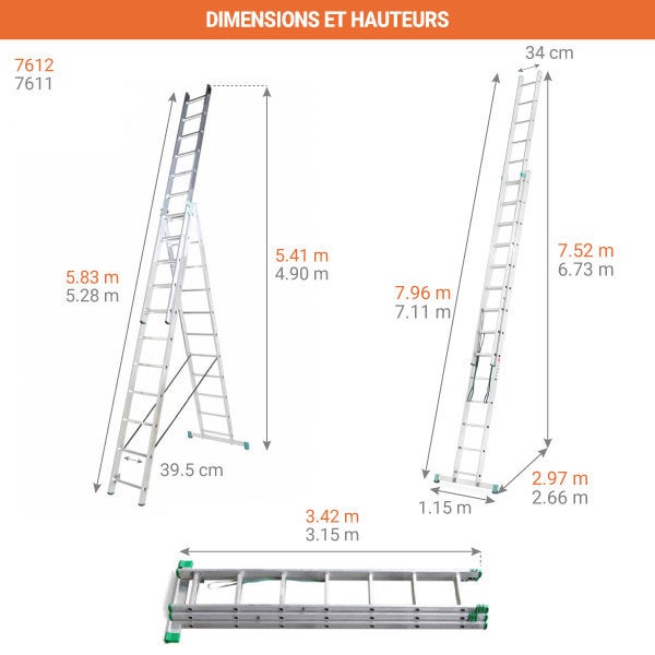 Echelle transformable 3 plans 3x11 barreaux - Longueur max. 7.11m - Sol plat - 7611 - 2