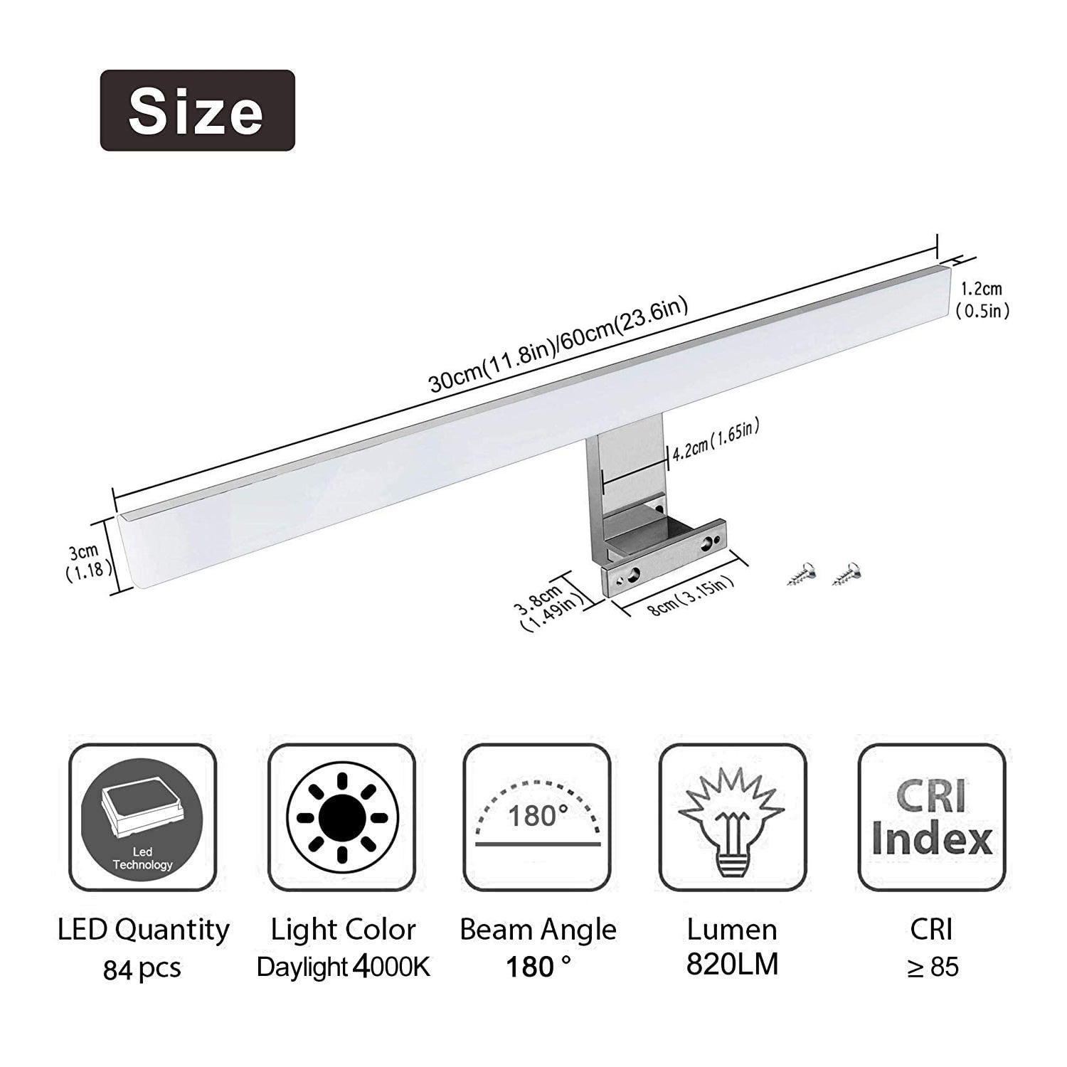 Lampe LED pour miroir de salle de bain 6 W, blanc neutre 4000 K, applique murale 820 lm, lampe de salle de bain à montage 3 en 1, 30 cm - 2