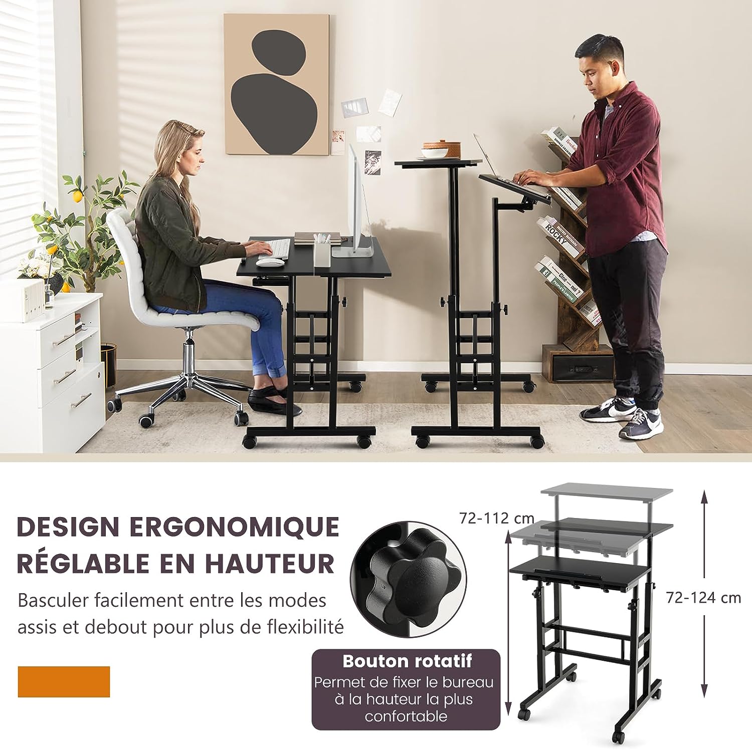 Bureau Assis-Debout à roulettes, Table Informatique à 2 Niveaux pour Ordinateur (Noir) - 2