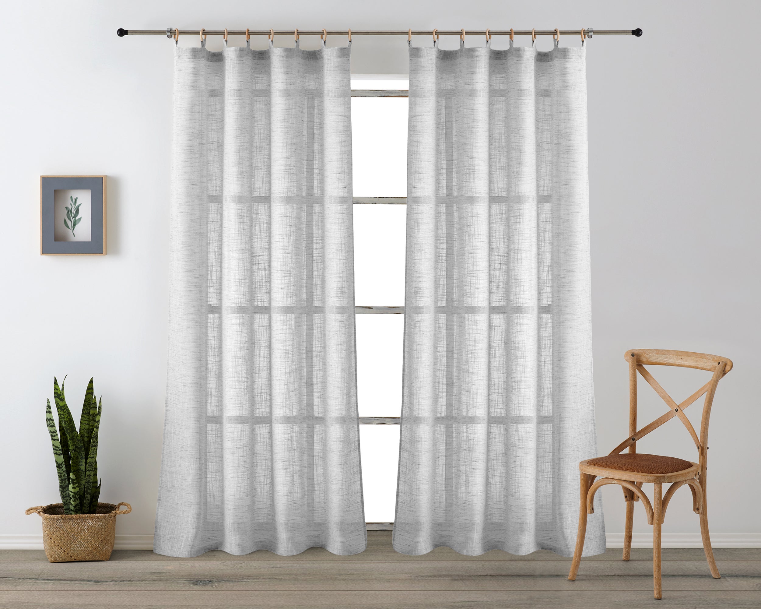 Vipalia pack 2 unidades cortinas confeccionadas visillo semitransparentes anillas madera. gris 200x260 cm