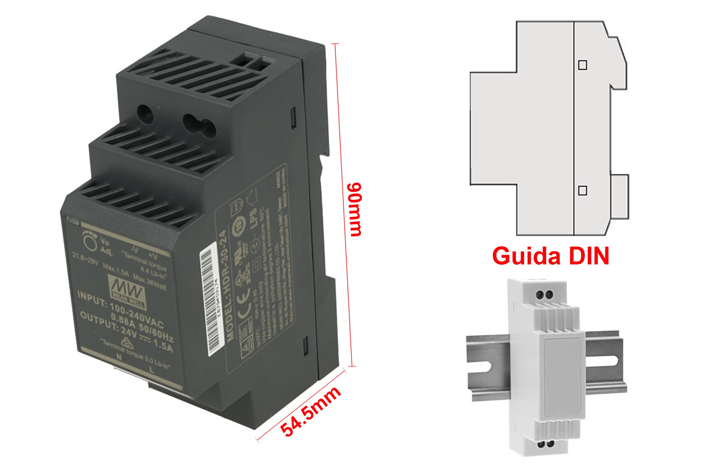 Trasformatore LED 24V DC 36W 1.5A LEDKIA – Per Strisce LED, Input 220-240V, Lunghezza Cavi 3,5 M, Compatto E Affidabile