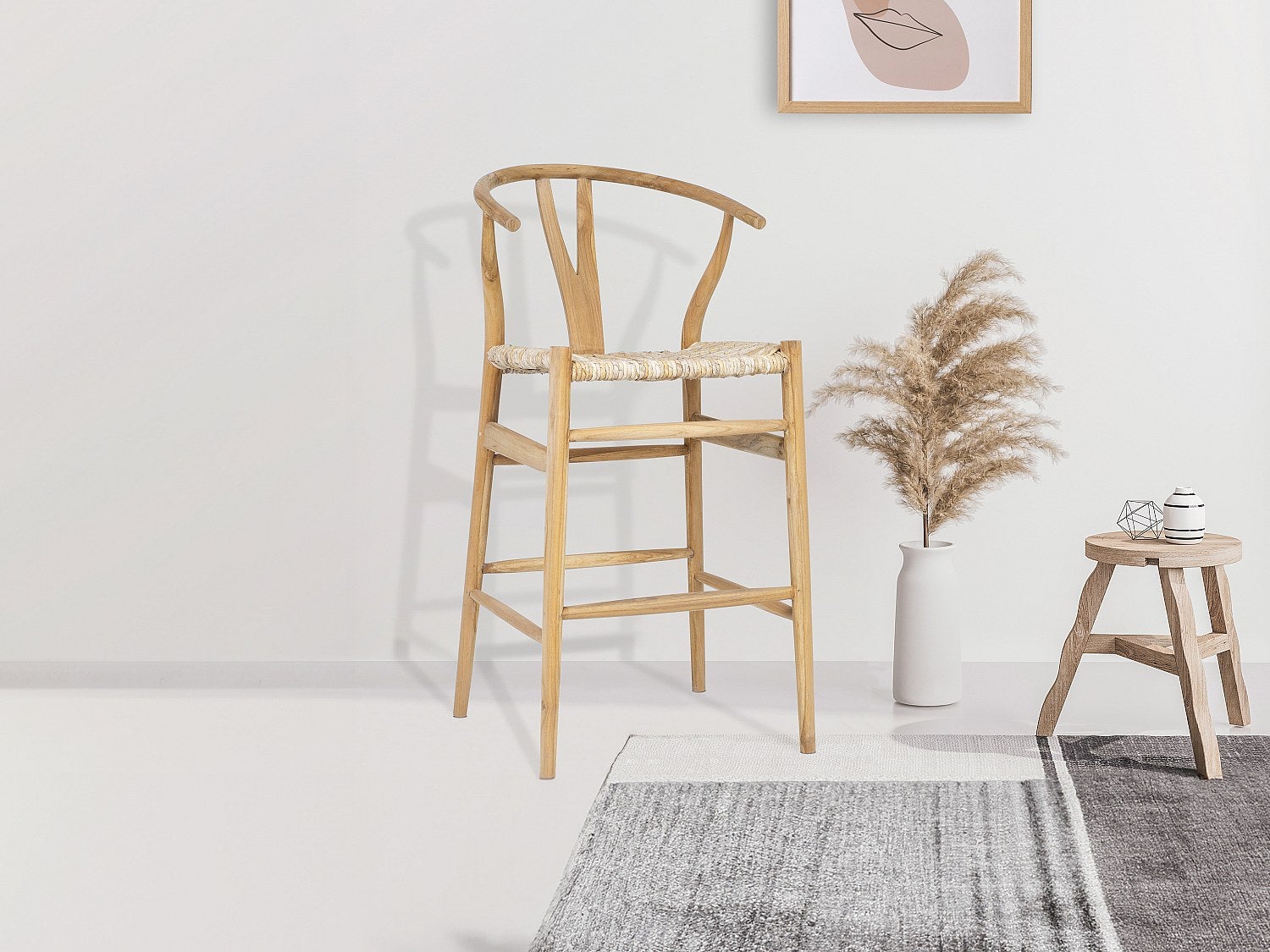 Stołek barowy z drewna tekowego i słomy - Naturalny - POGIANA