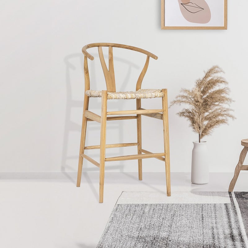 Stołek barowy z drewna tekowego i słomy - Naturalny - POGIANA