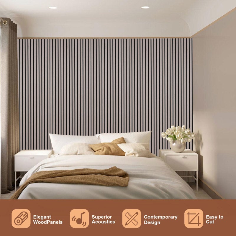 Panel de listones Revestimiento de pared natural Panel acústico de pared moderno de MDF en chapa de madera y fieltro 2x 120x60x2,1cm Nogal - 5